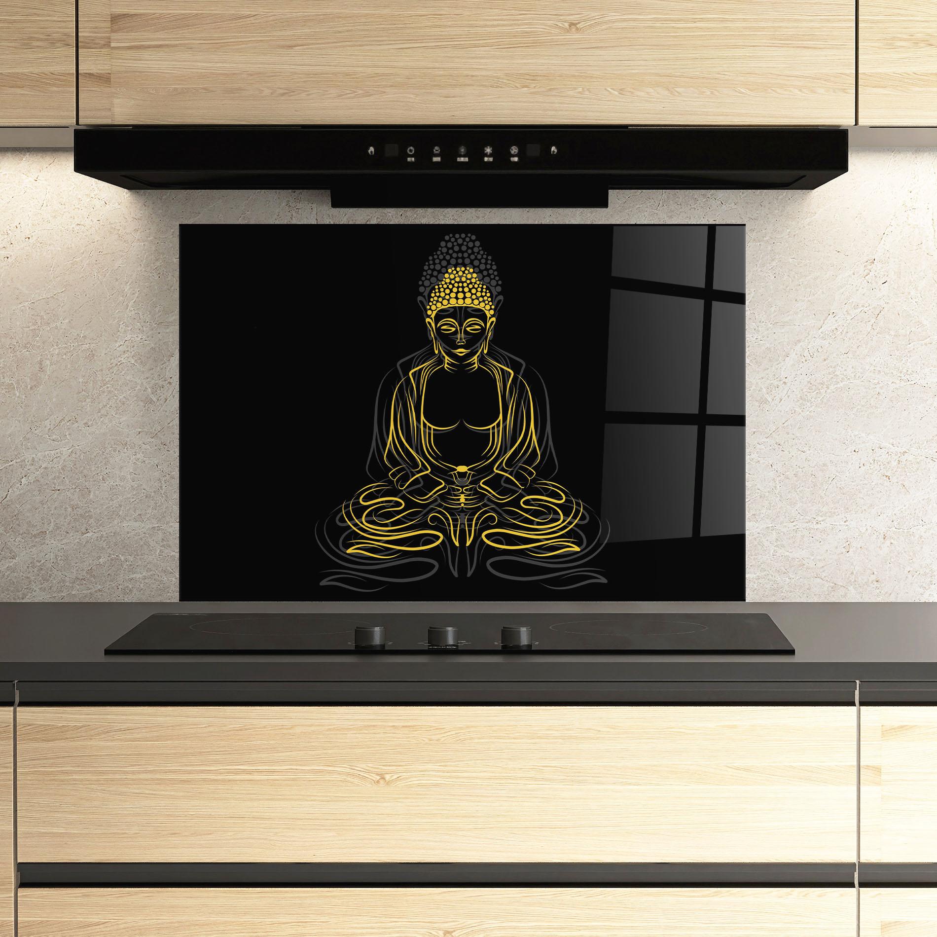 Стъклен панел за кухня Grey Yellow Buddha mockup 3