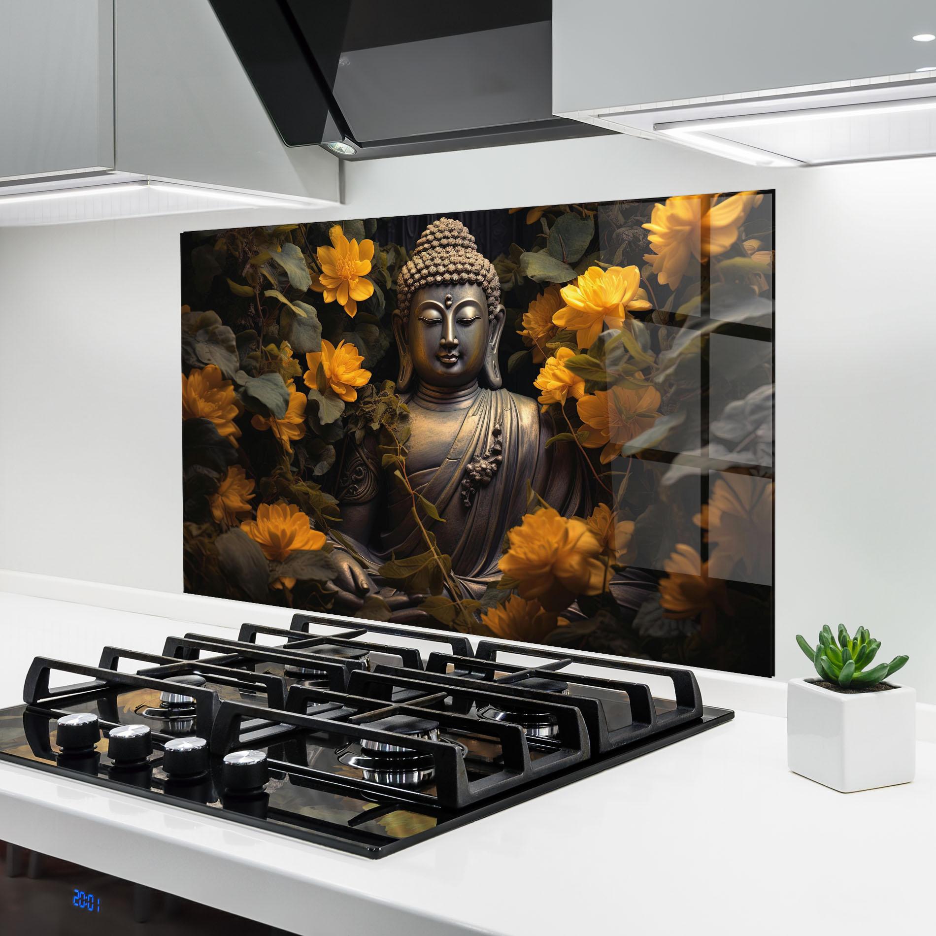 Стъклен панел за кухня Buddha Yellow Meditation mockup 6