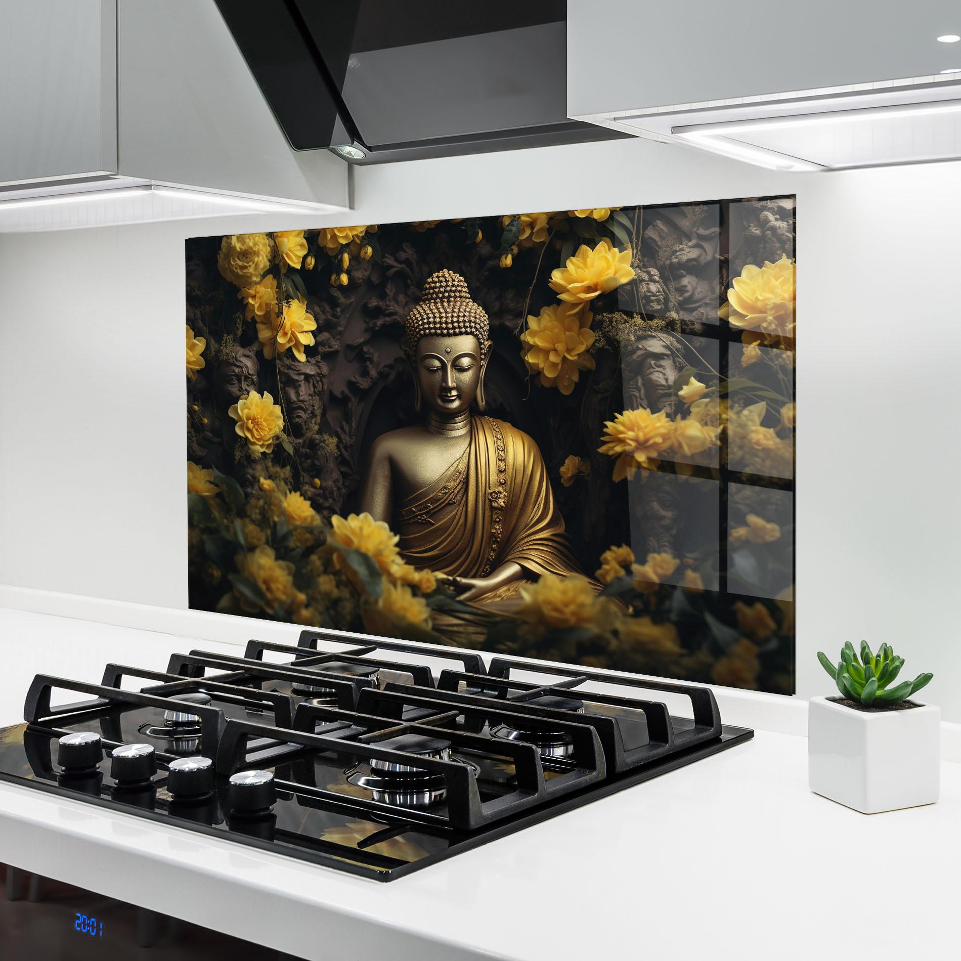 Стъклен панел за кухня Gold Buddha Flowers mockup 6