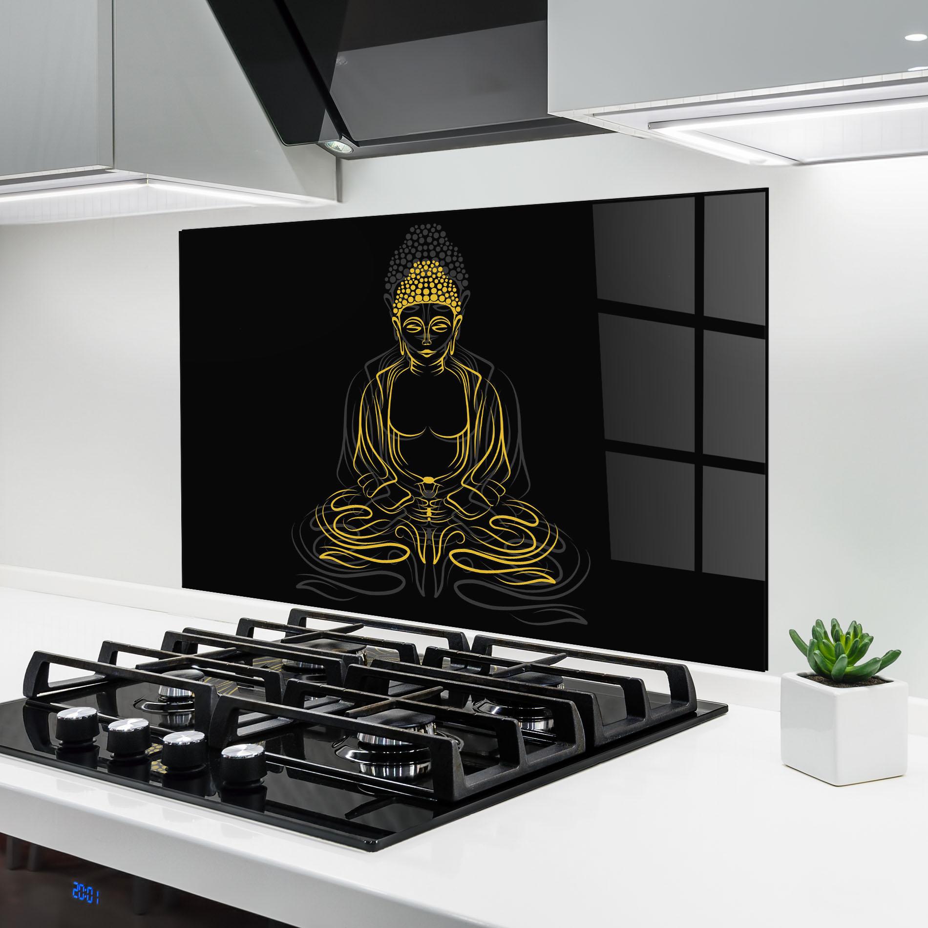 Стъклен панел за кухня Grey Yellow Buddha mockup 6