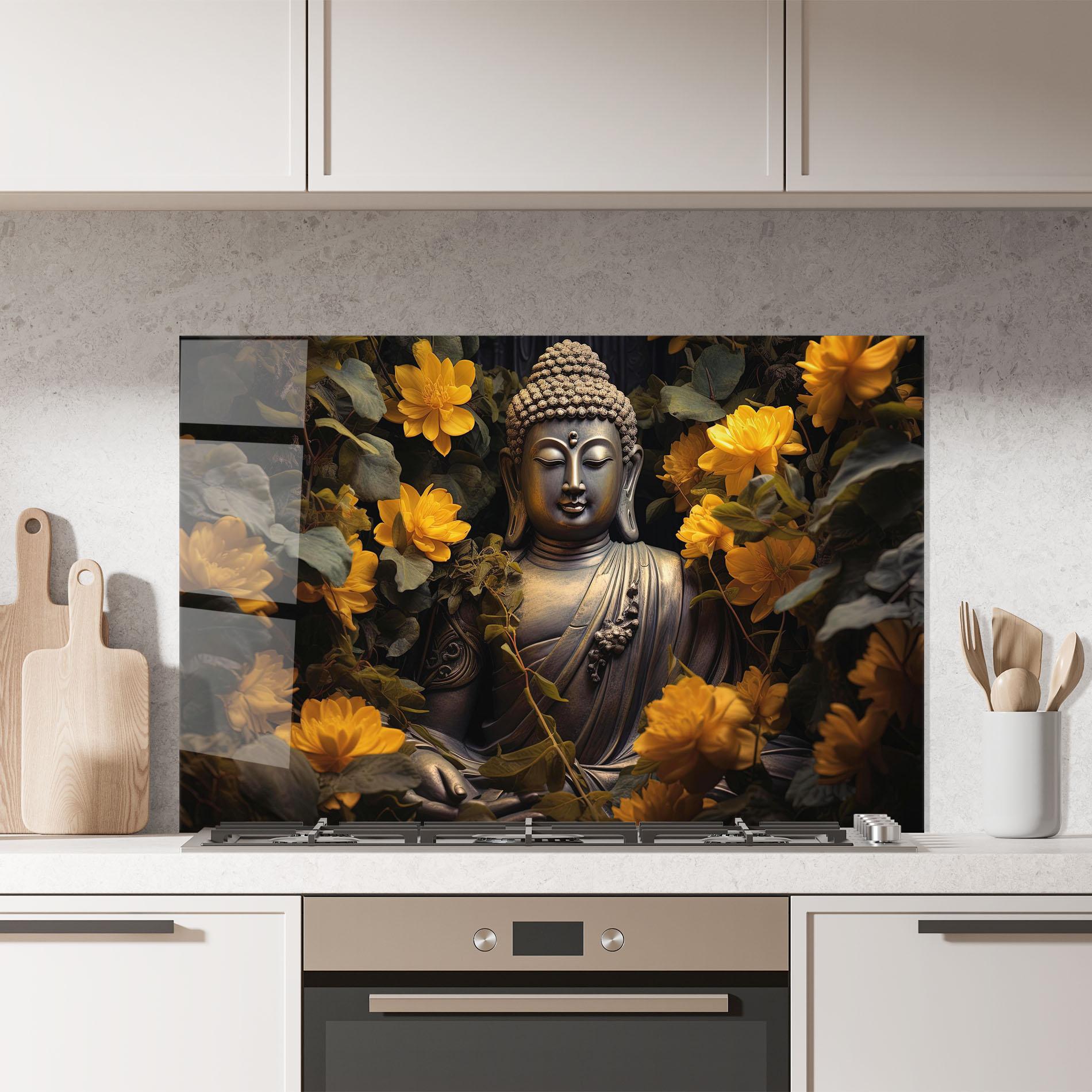 Стъклен панел за кухня Buddha Yellow Meditation mockup 7