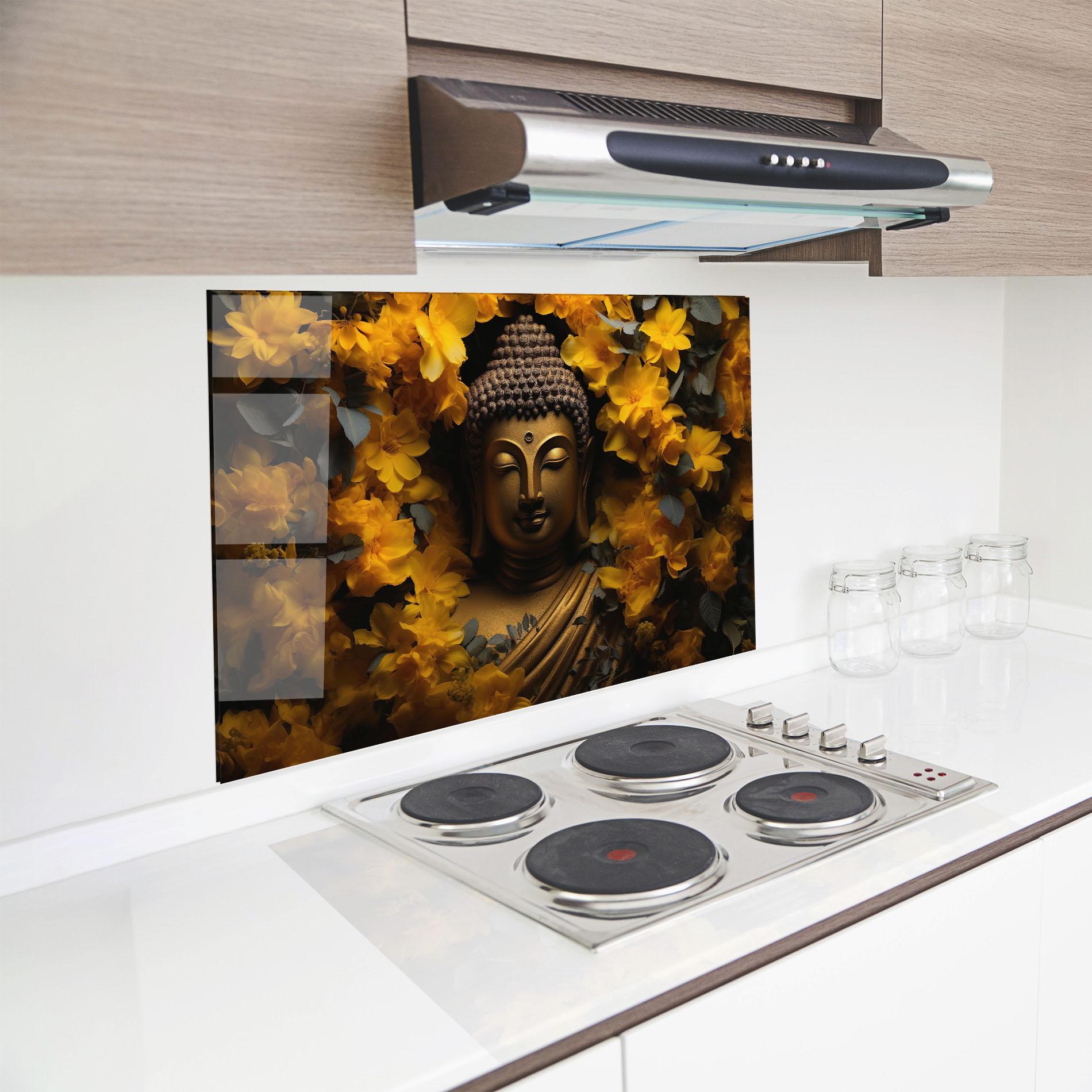 Стъклен панел за кухня Gold Buddha Meditation mockup 8