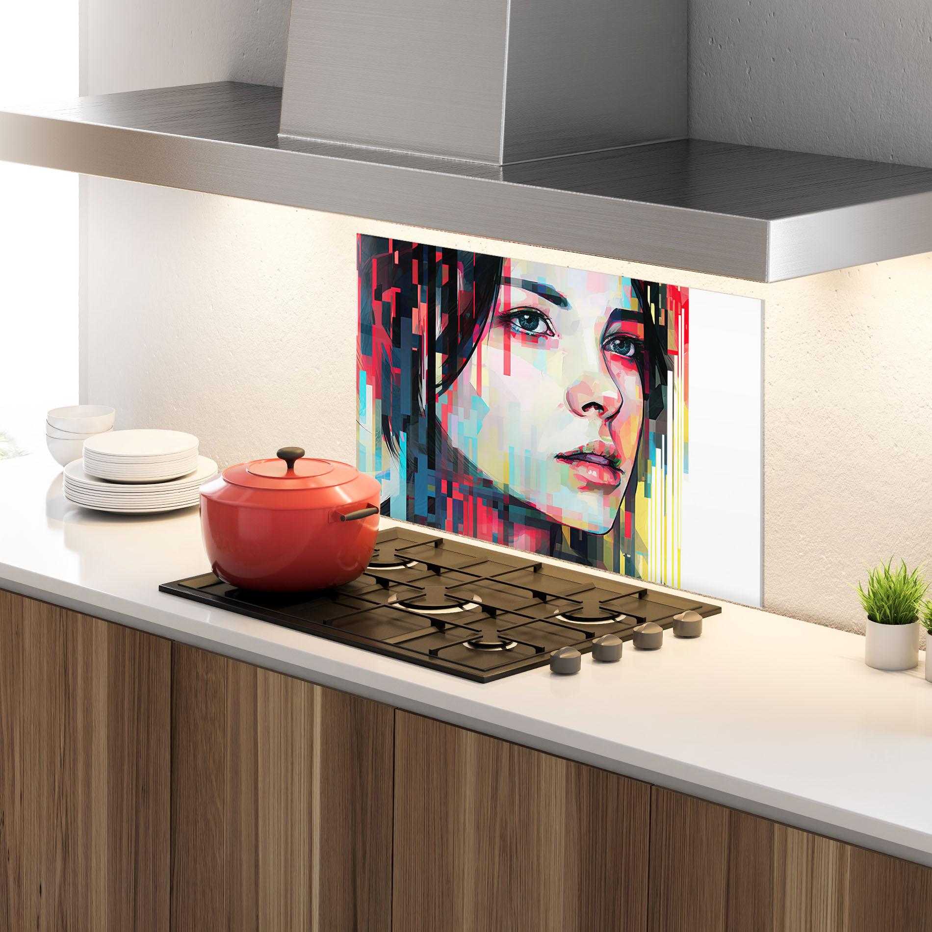Стъклен панел за кухня Colorful Glitchy Girl mockup 4