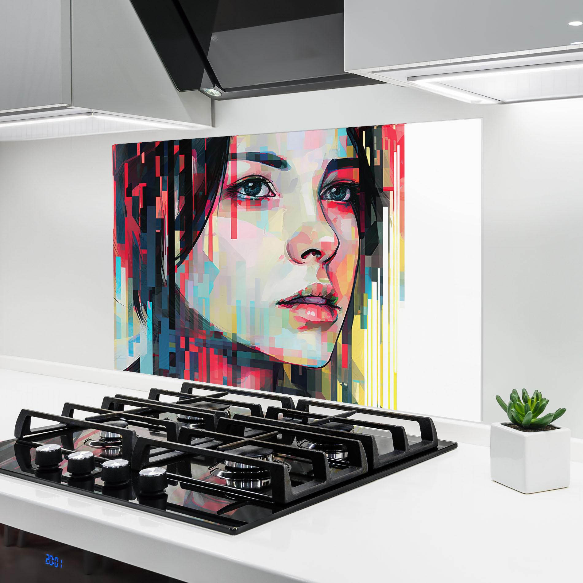 Стъклен панел за кухня Colorful Glitchy Girl mockup 6