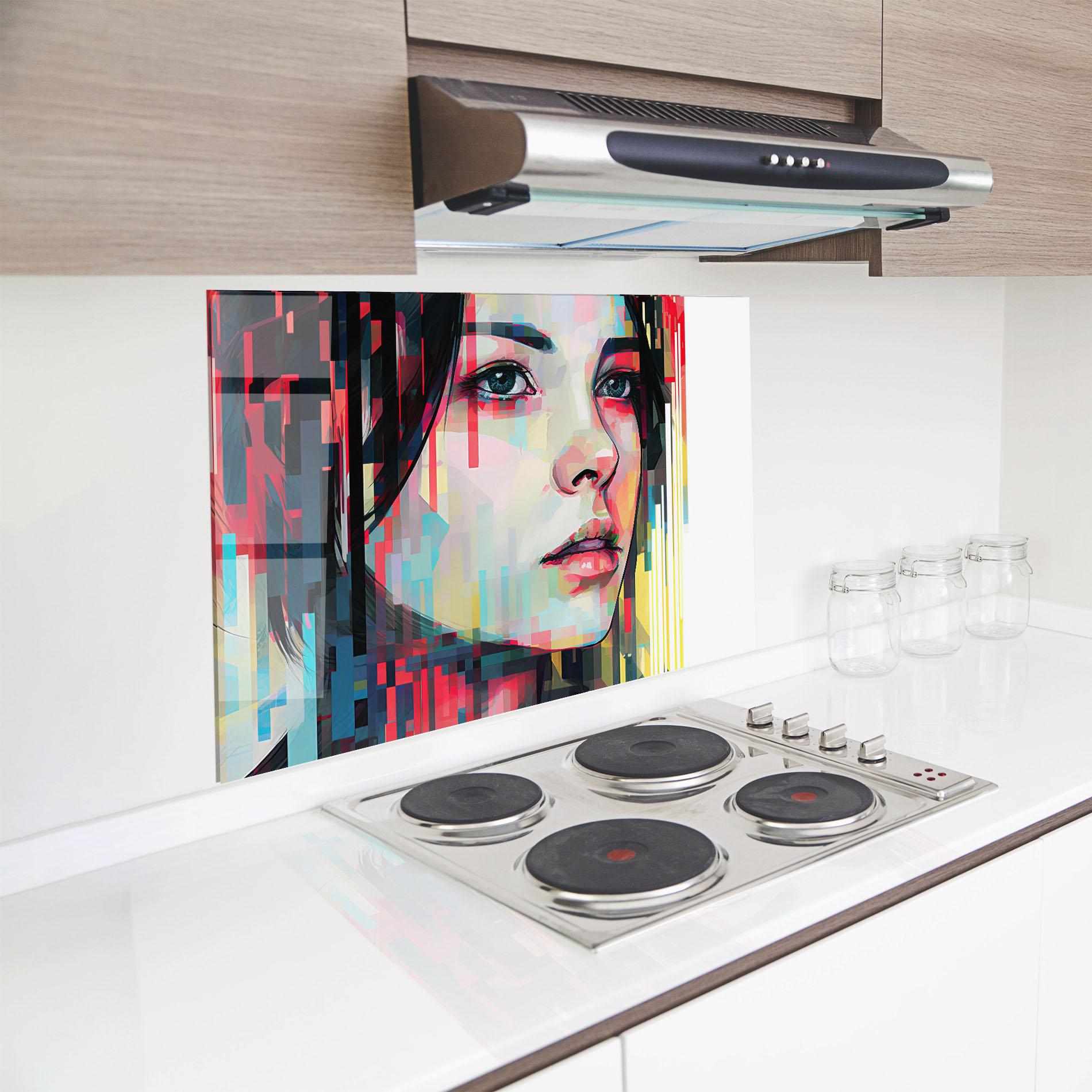 Стъклен панел за кухня Colorful Glitchy Girl mockup 8