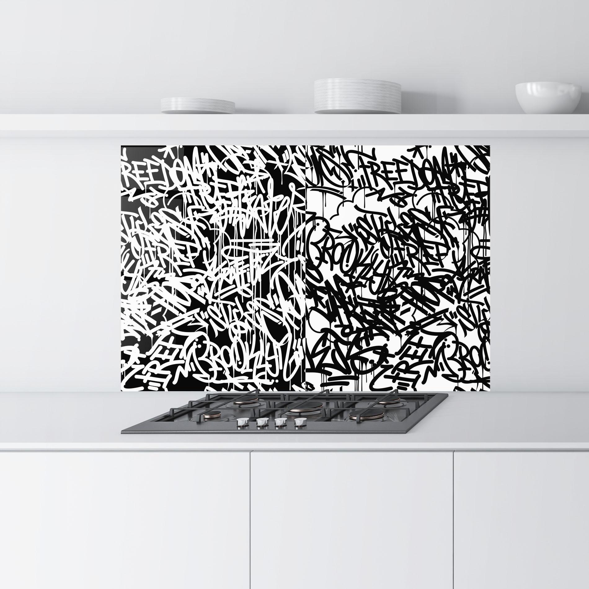 Стъклен панел за кухня Black White Graffiti mockup 9