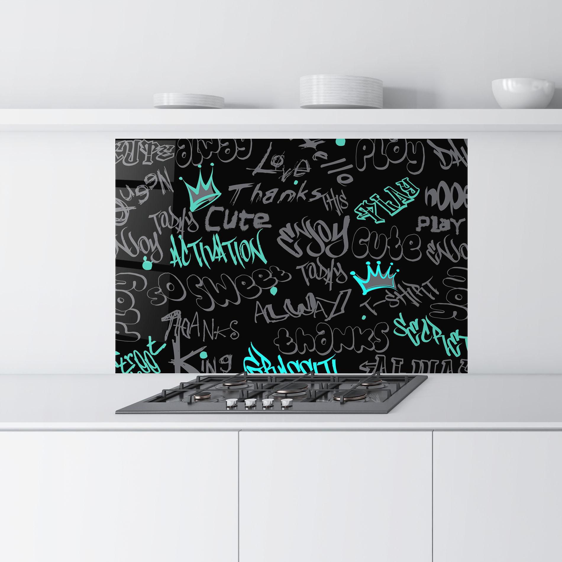 Стъклен панел за кухня Blue Grey Graffiti mockup 9