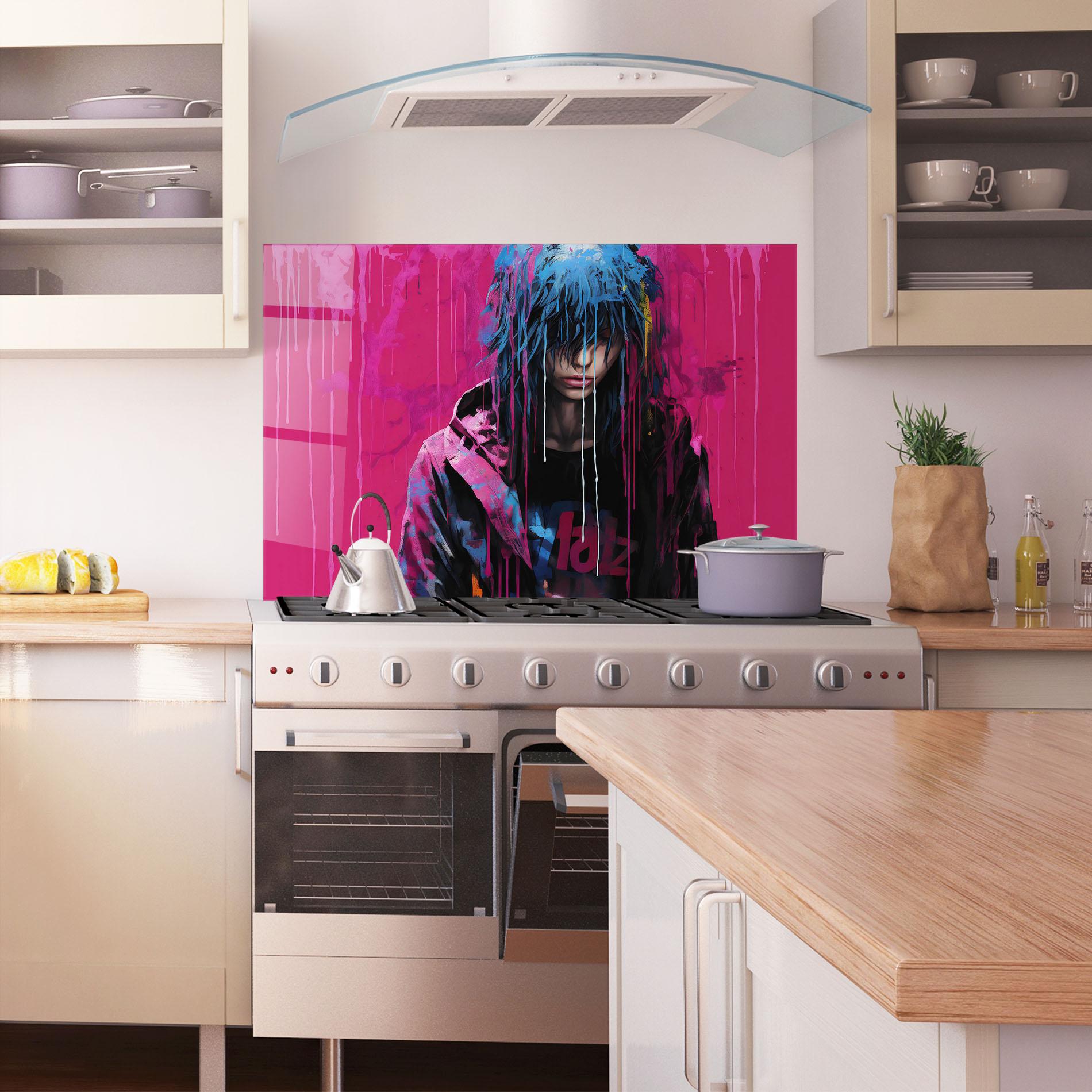 Стъклен панел за кухня Blue Pink Falling Paint mockup 1