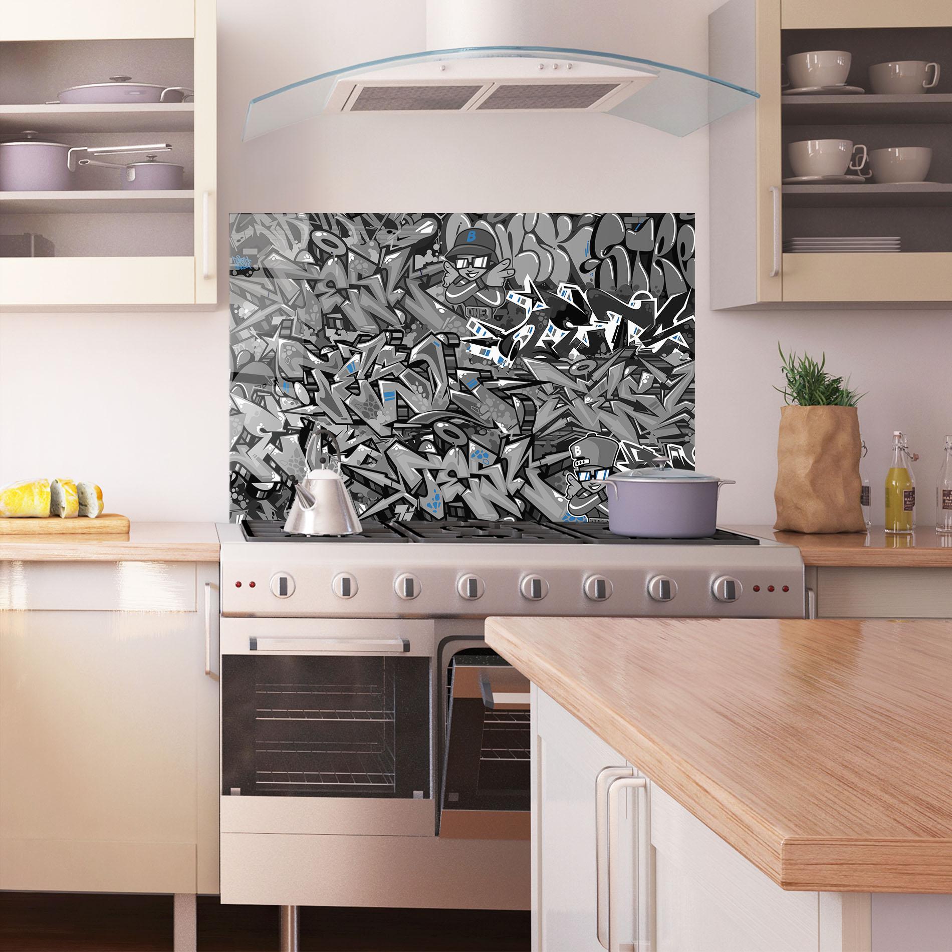 Стъклен панел за кухня Grey Blue Graffiti mockup 1