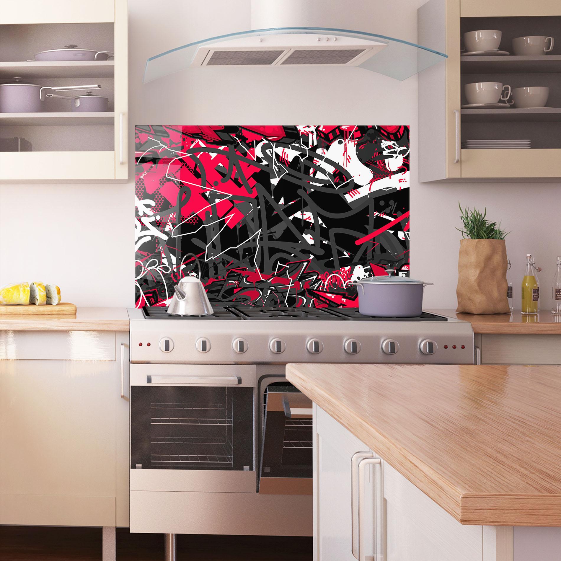 Стъклен панел за кухня Grey Red Graffiti mockup 1