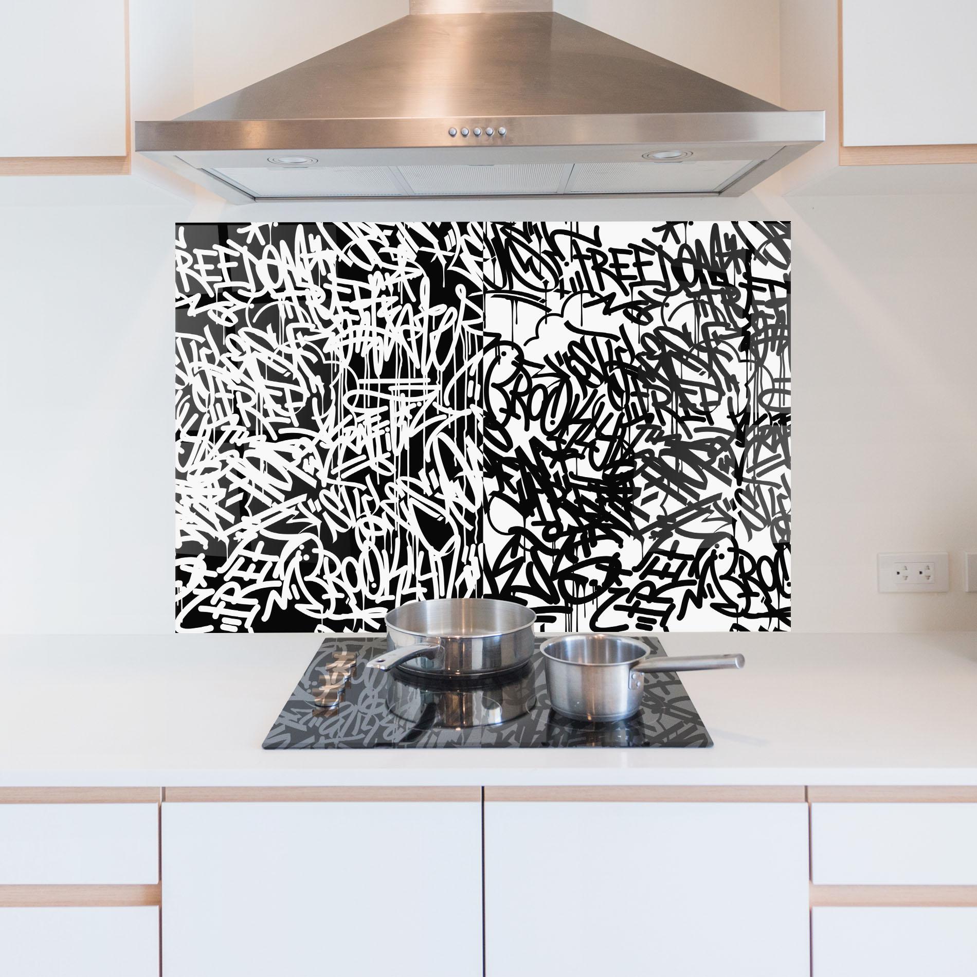 Стъклен панел за кухня Black White Graffiti mockup 5