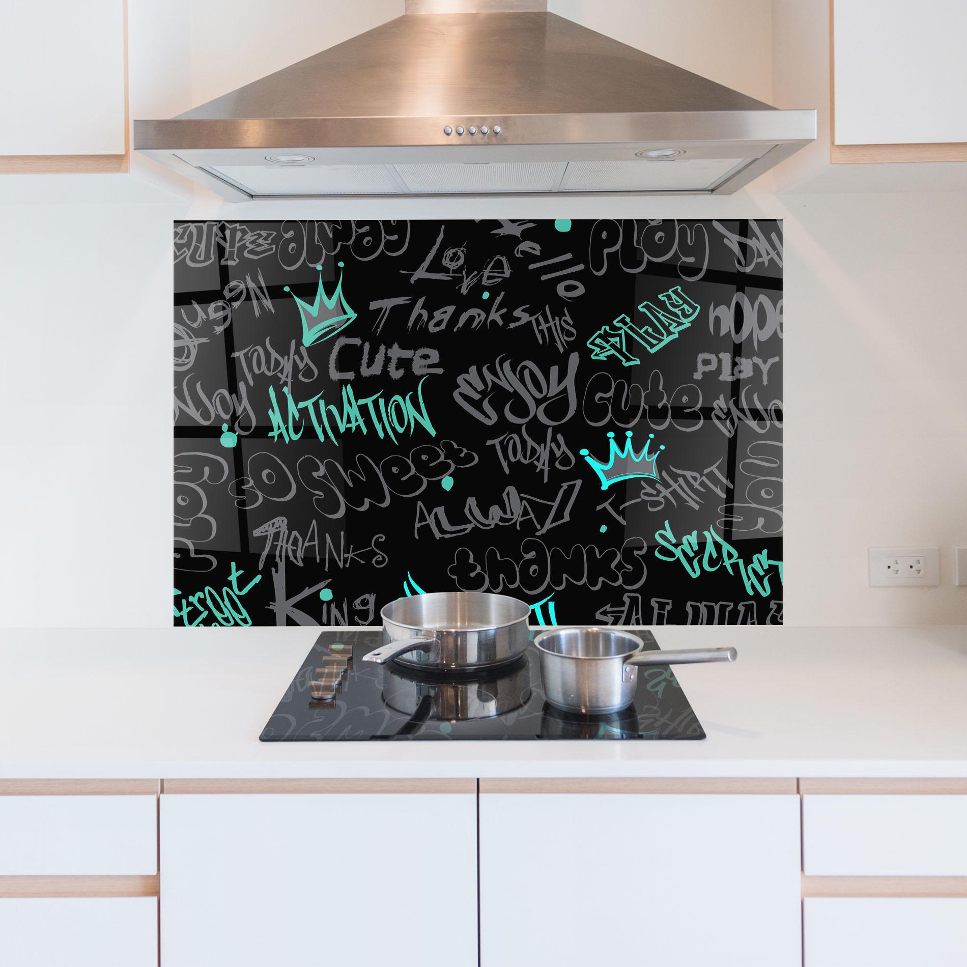 Стъклен панел за кухня Blue Grey Graffiti mockup 5