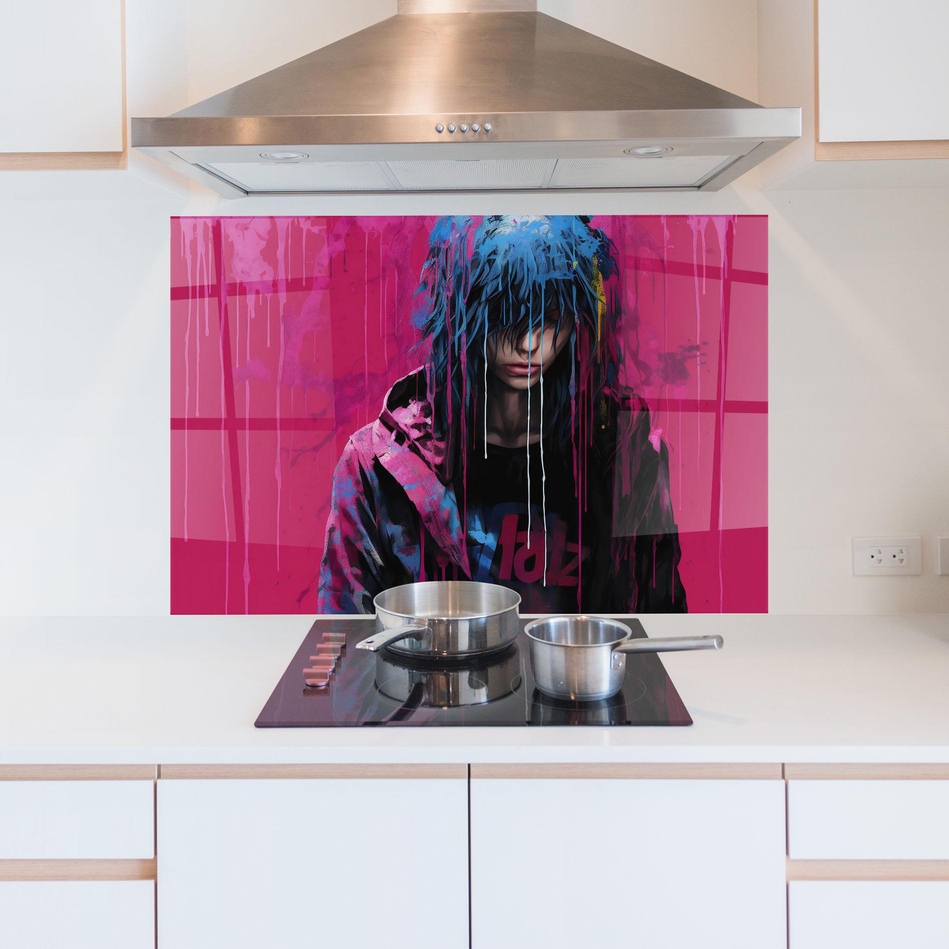 Стъклен панел за кухня Blue Pink Falling Paint mockup 5