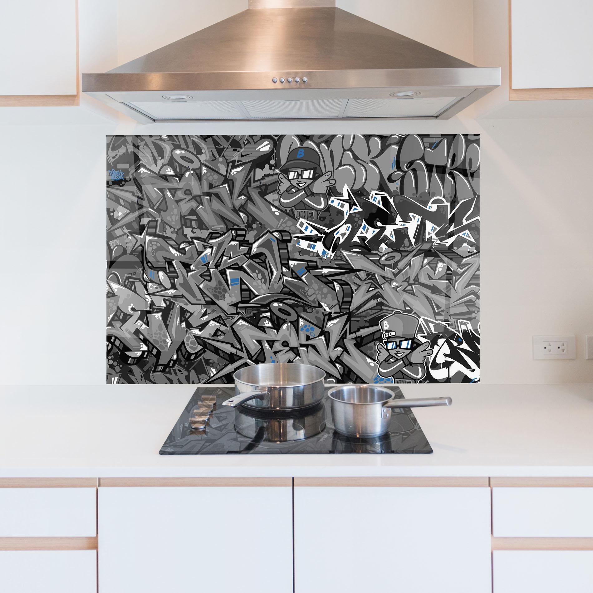 Стъклен панел за кухня Grey Blue Graffiti mockup 5