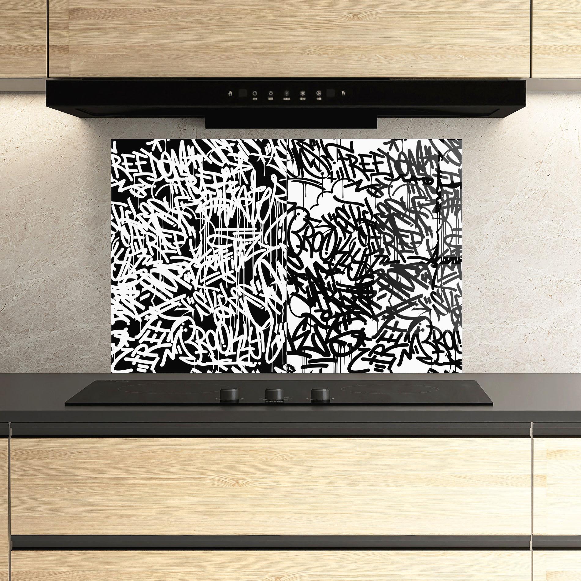 Стъклен панел за кухня Black White Graffiti mockup 3