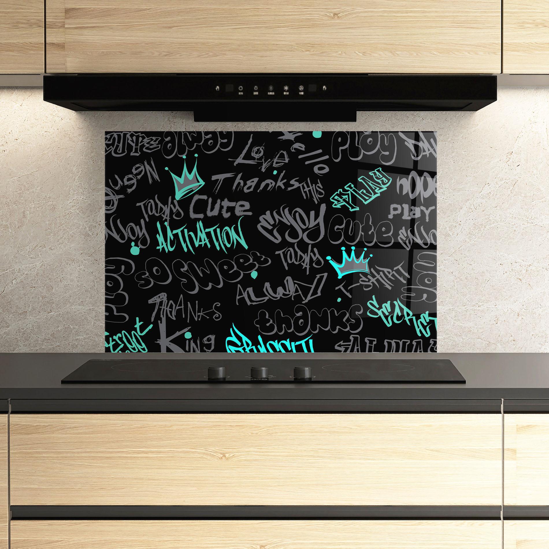 Стъклен панел за кухня Blue Grey Graffiti mockup 3