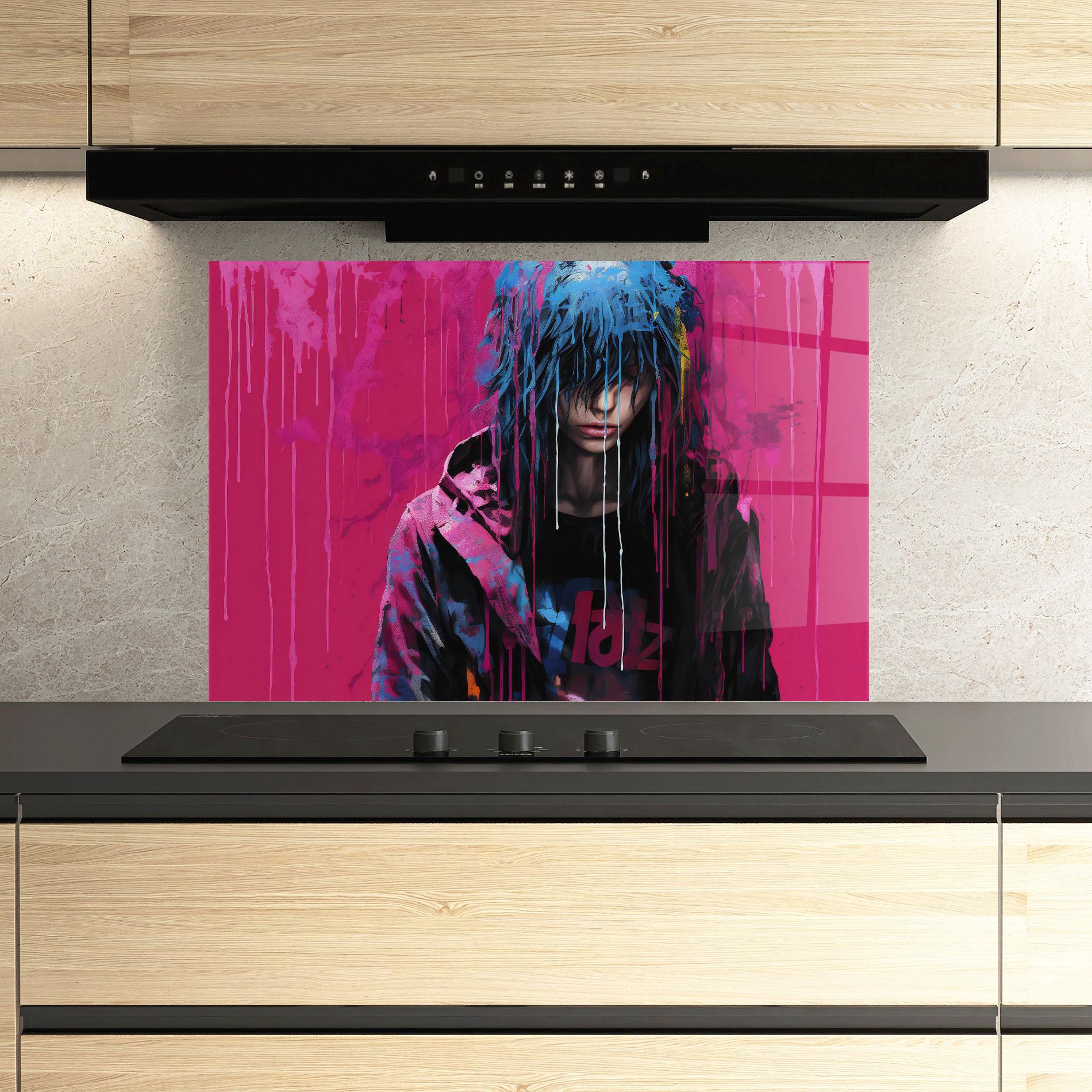 Стъклен панел за кухня Blue Pink Falling Paint mockup 3