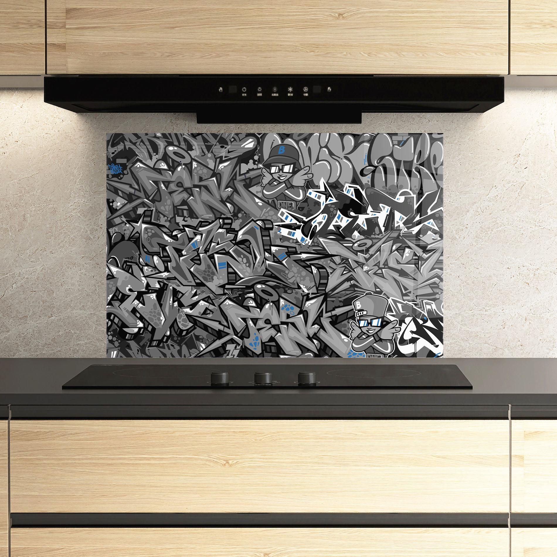 Стъклен панел за кухня Grey Blue Graffiti mockup 3