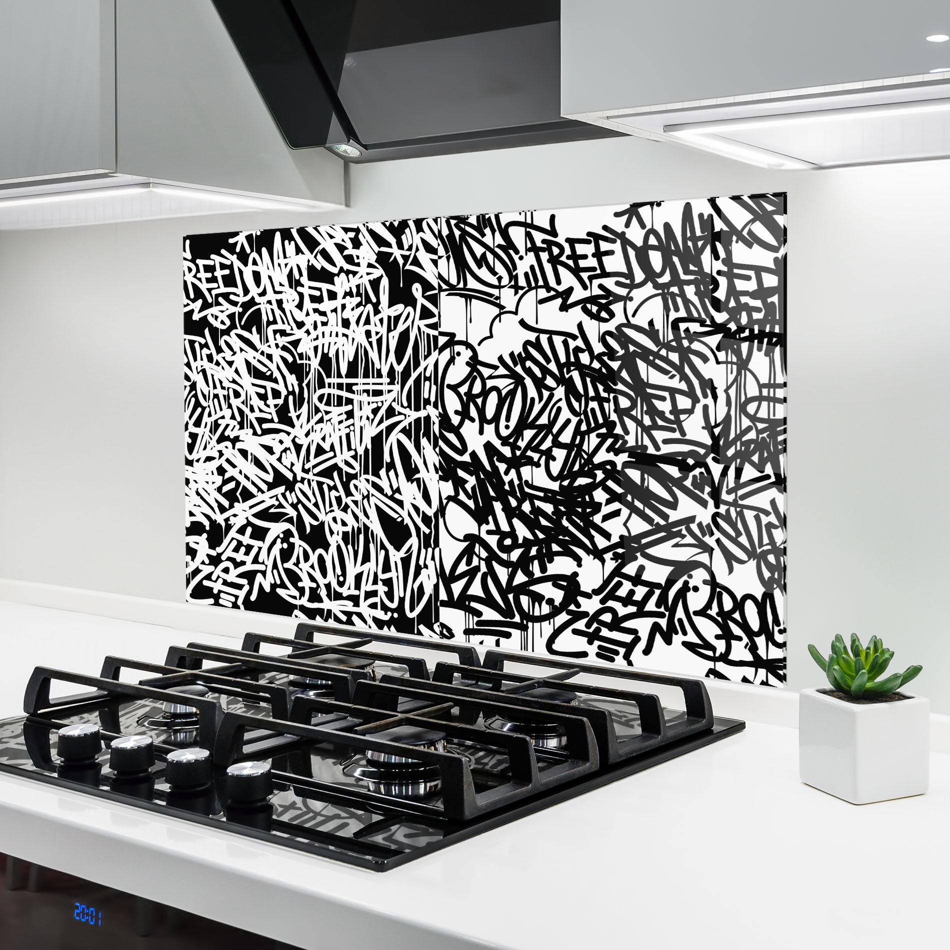 Стъклен панел за кухня Black White Graffiti mockup 6