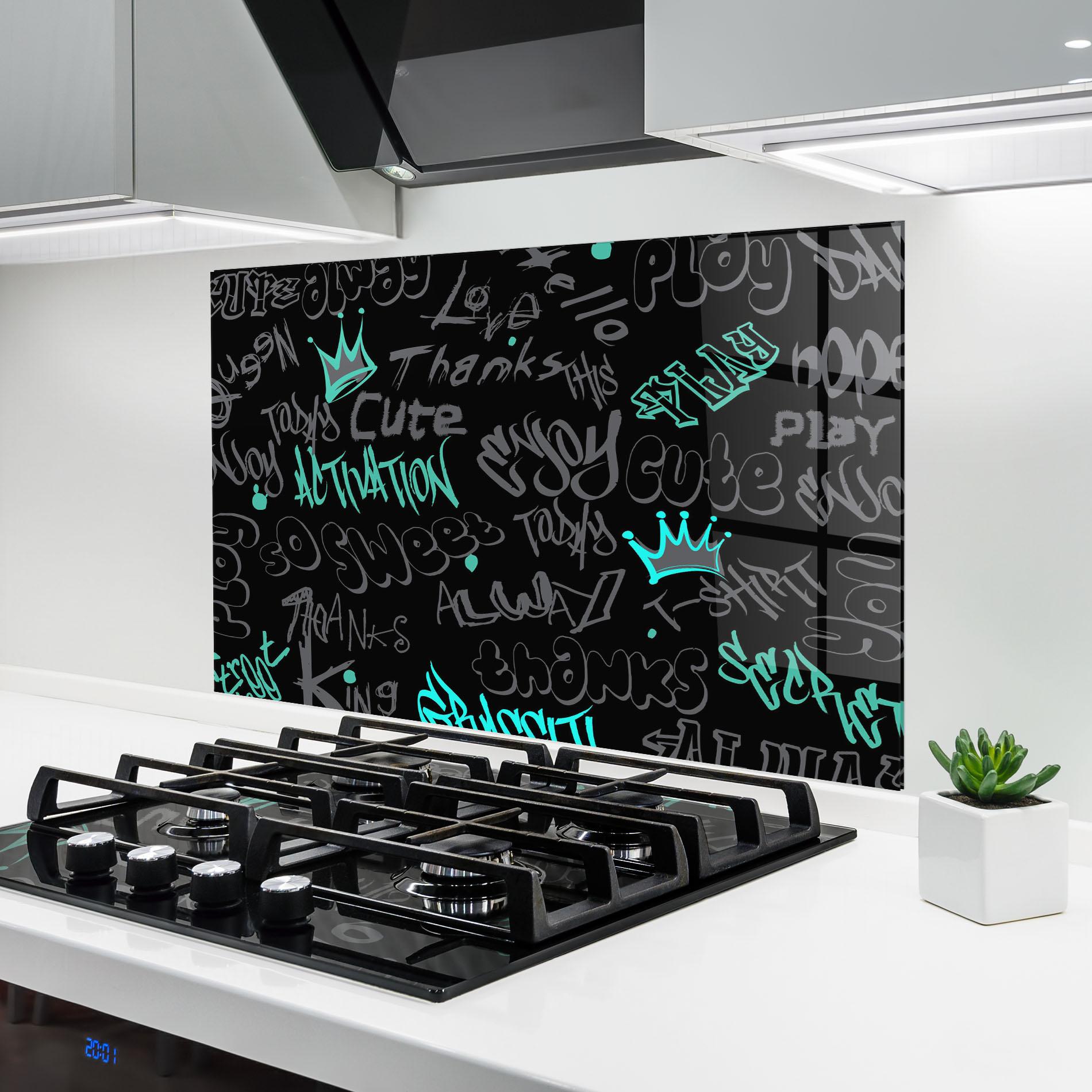 Стъклен панел за кухня Blue Grey Graffiti mockup 6