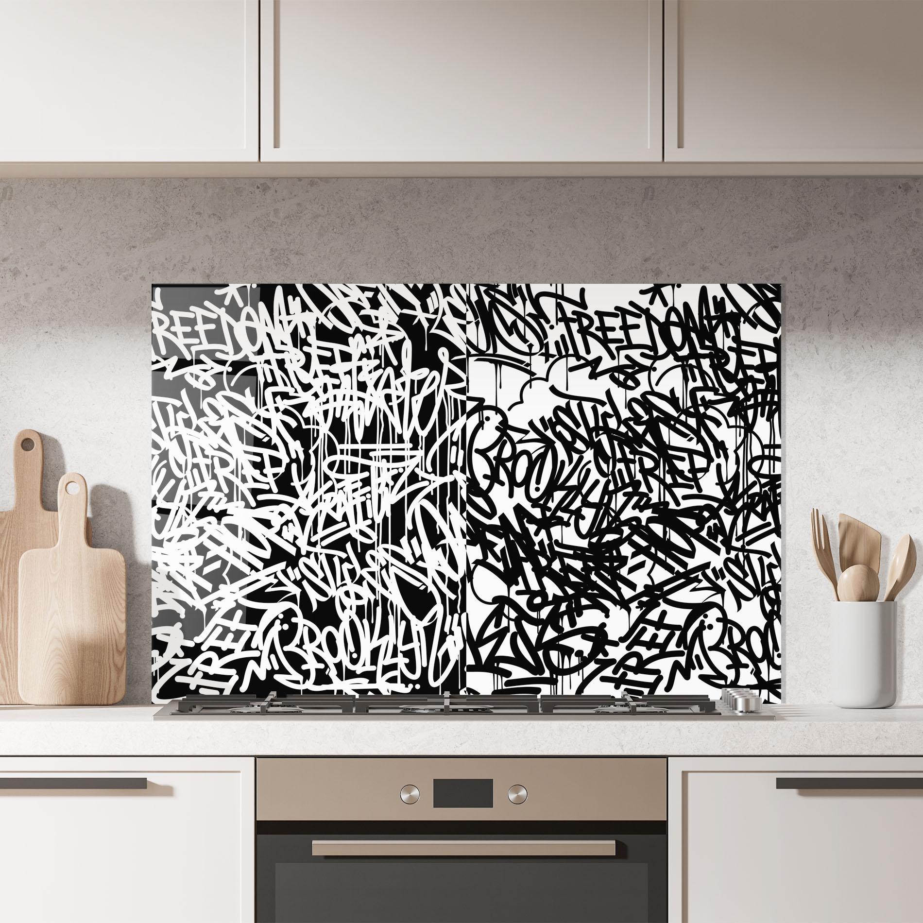 Стъклен панел за кухня Black White Graffiti mockup 7