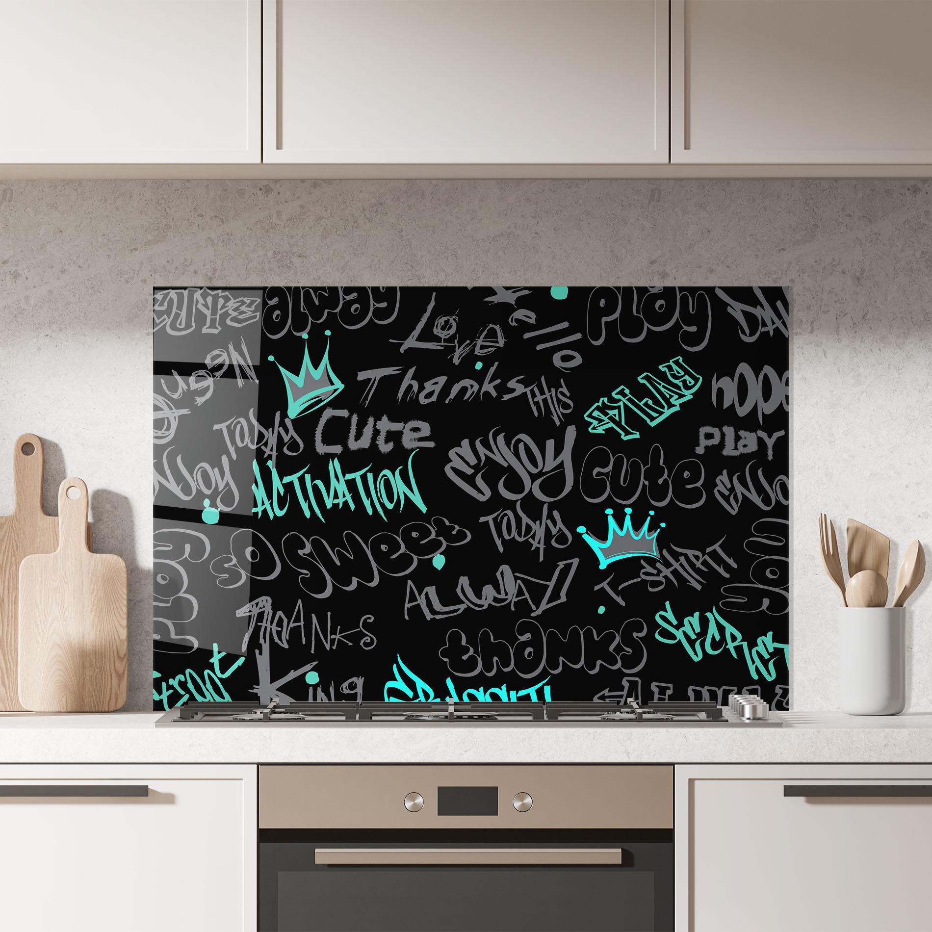 Стъклен панел за кухня Blue Grey Graffiti mockup 7