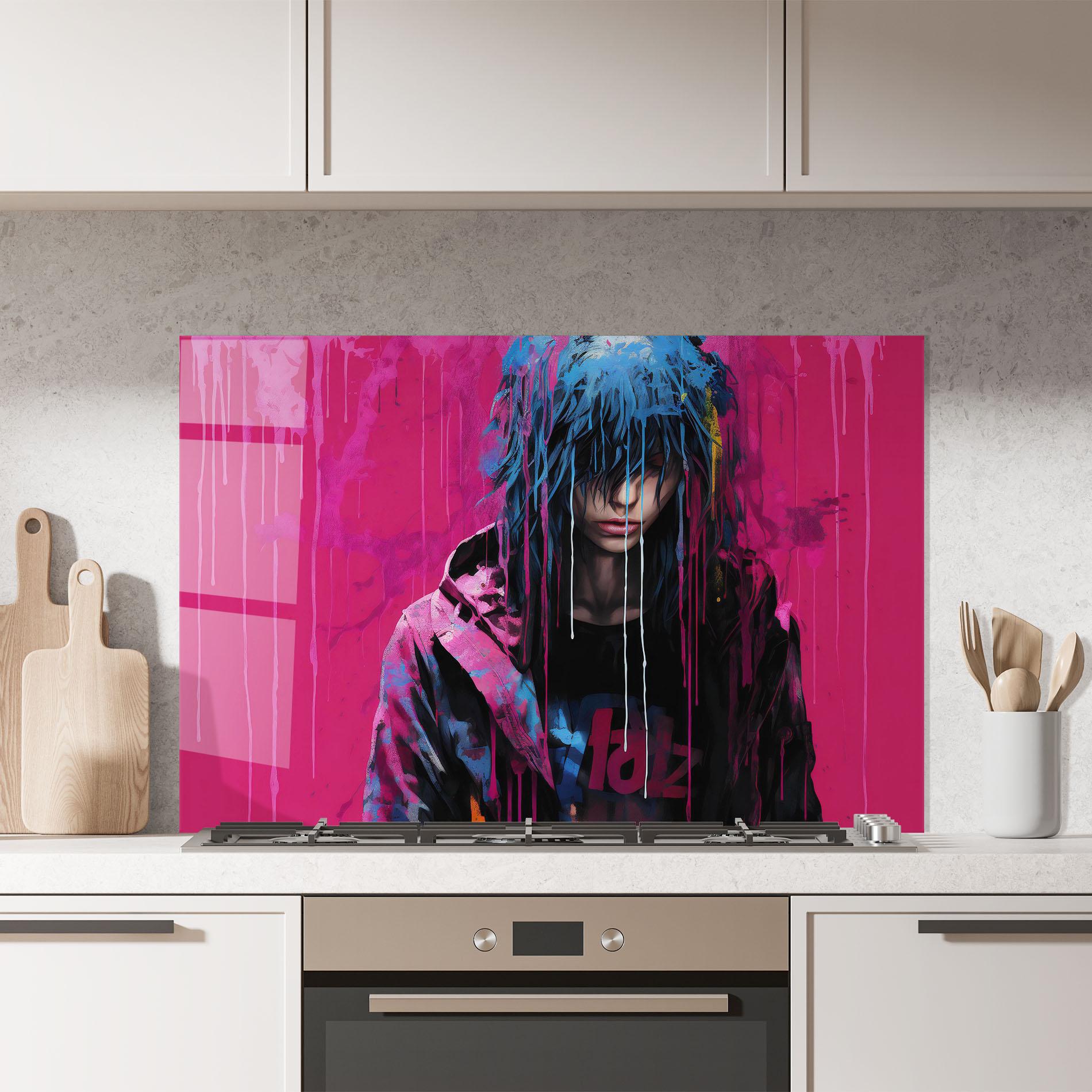 Стъклен панел за кухня Blue Pink Falling Paint mockup 7