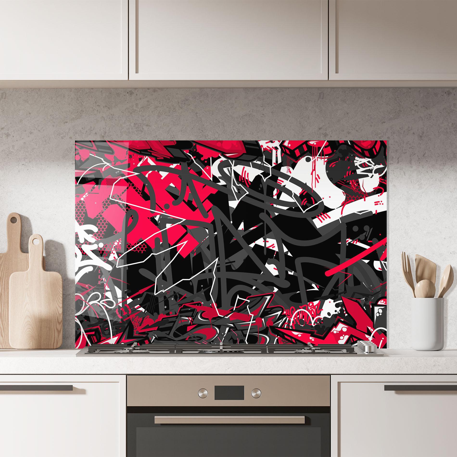 Стъклен панел за кухня Grey Red Graffiti mockup 7