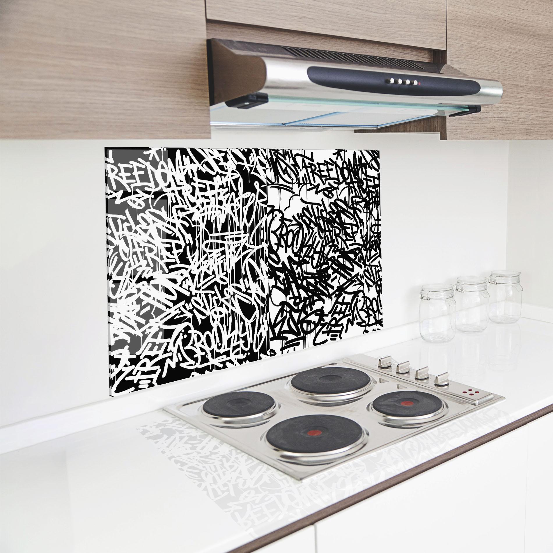 Стъклен панел за кухня Black White Graffiti mockup 8