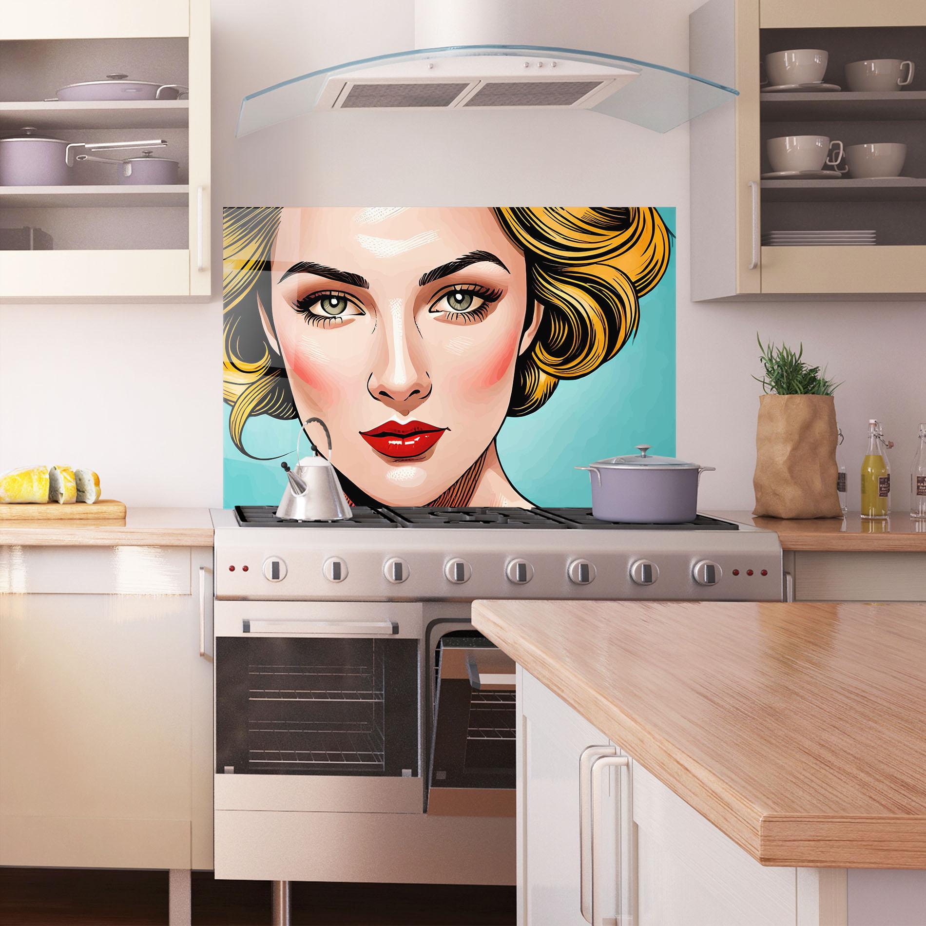 Стъклен панел за кухня Pop Blonde Lady mockup 1