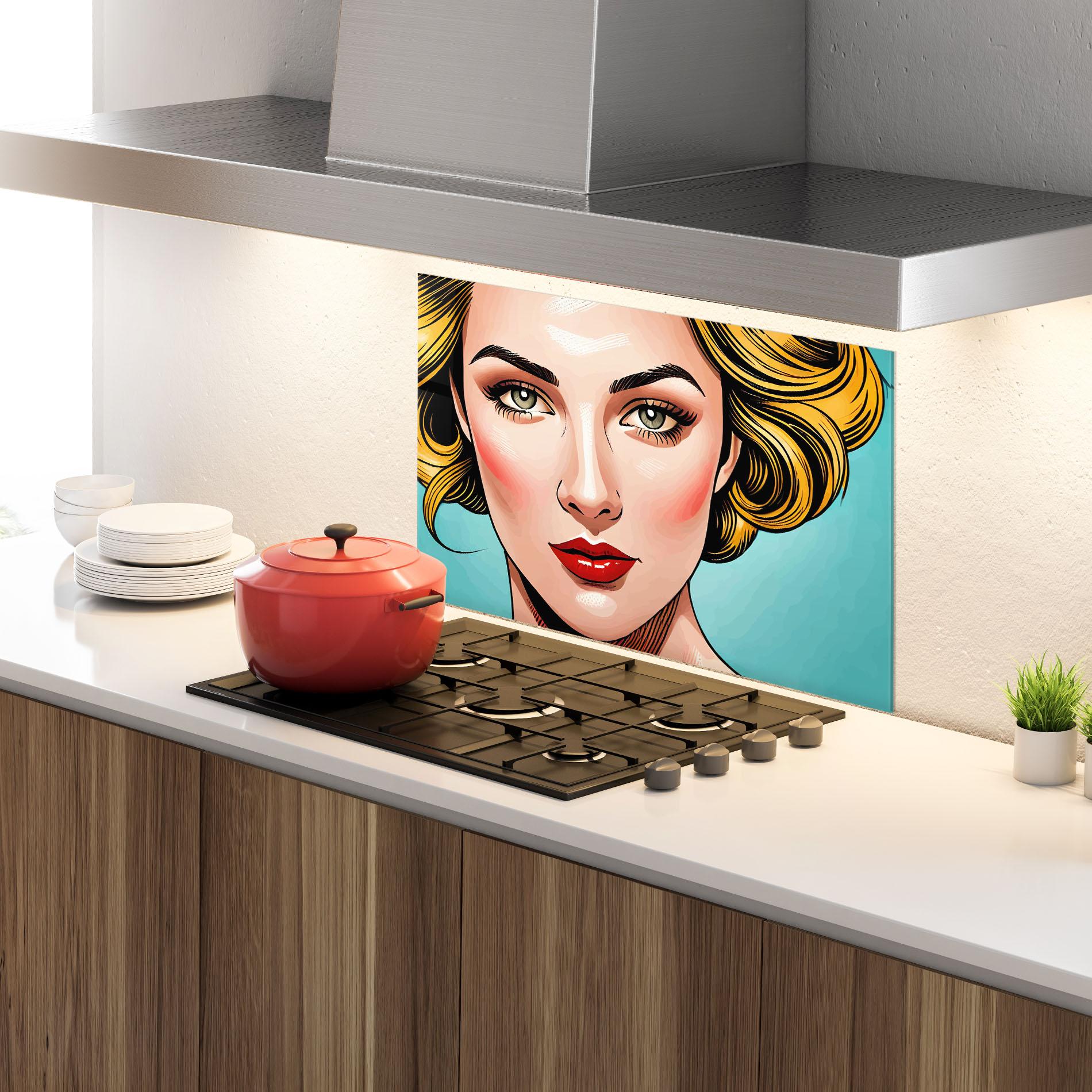 Стъклен панел за кухня Pop Blonde Lady mockup 4