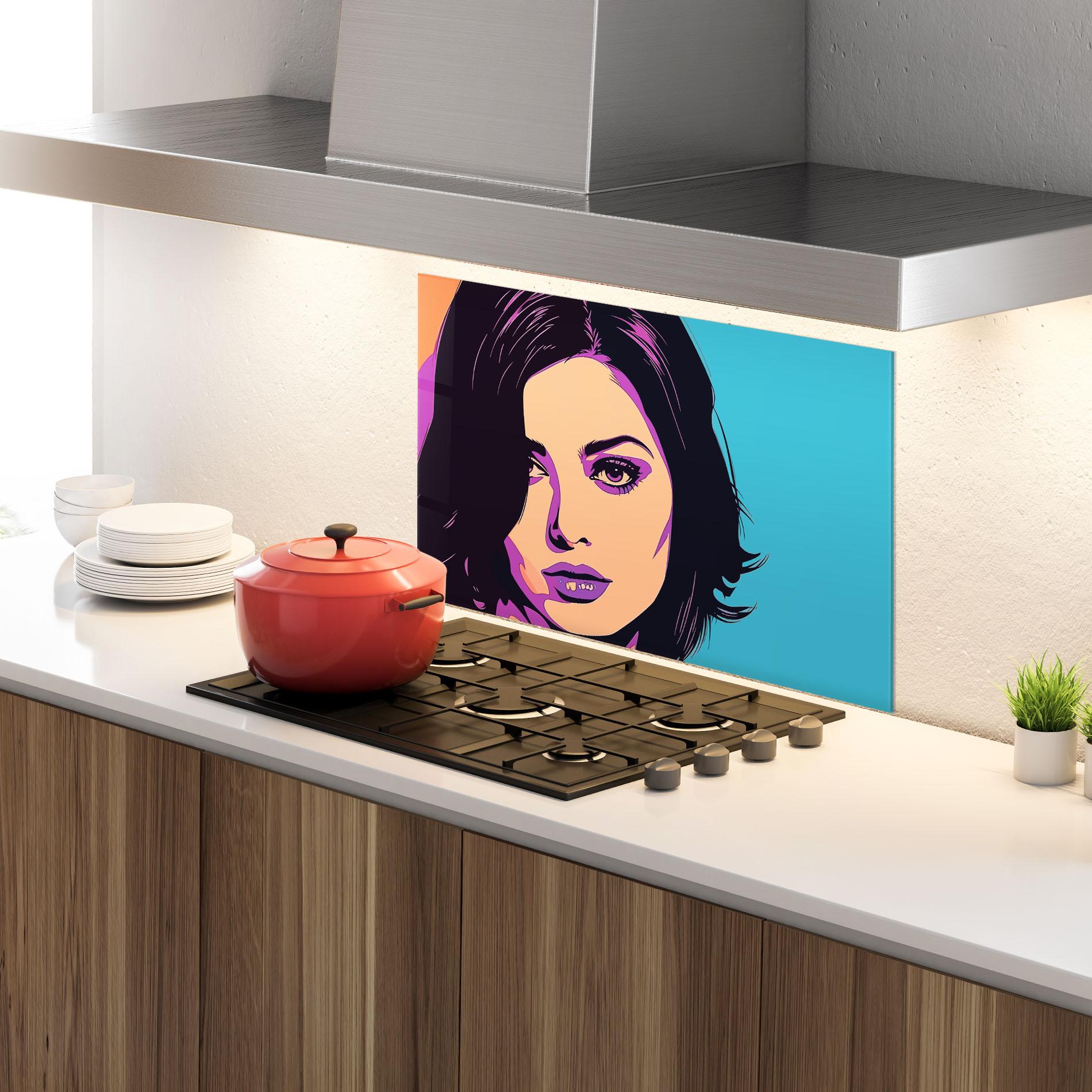 Стъклен панел за кухня Pop Purple Woman mockup 4