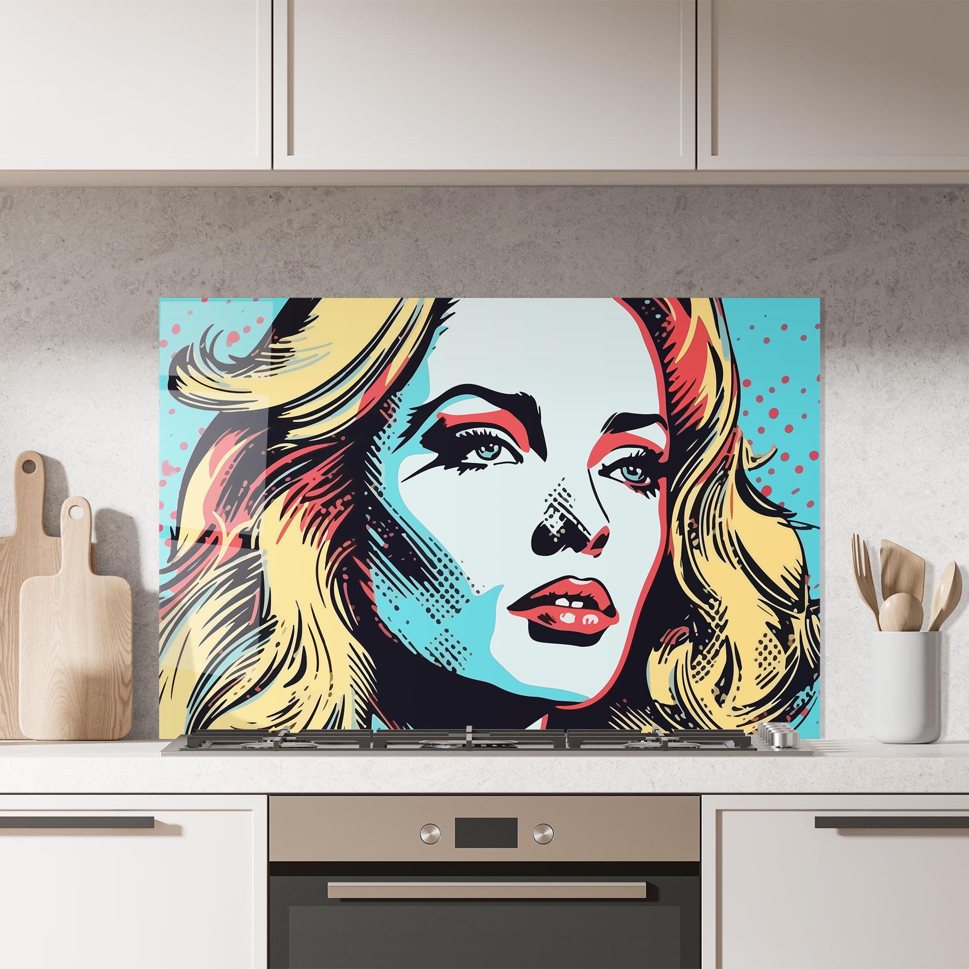 Стъклен панел за кухня Pop Art Lady mockup 7