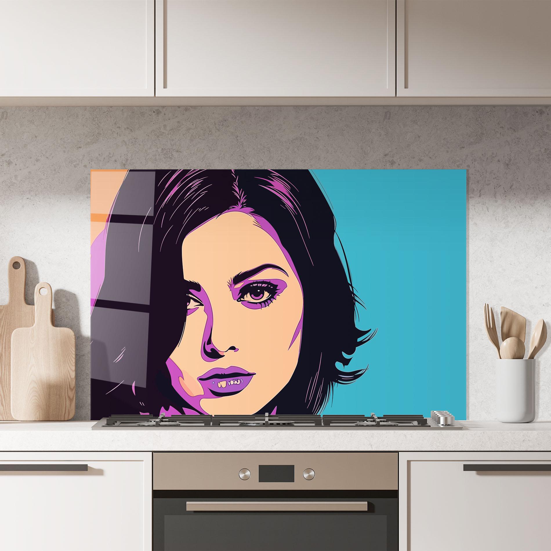Стъклен панел за кухня Pop Purple Woman mockup 7