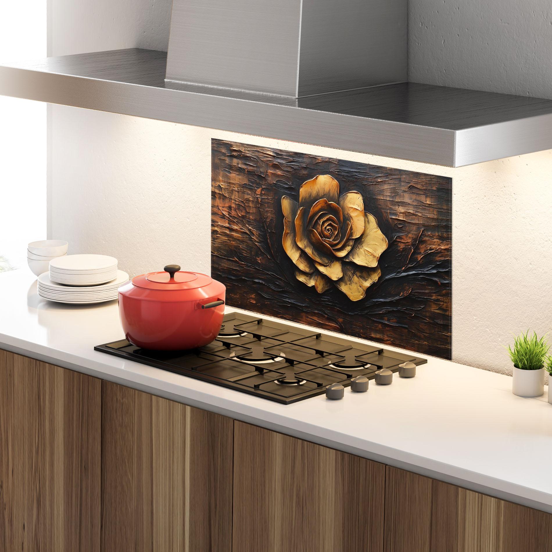 Стъклен панел за кухня Gold Rose On Wood mockup 4