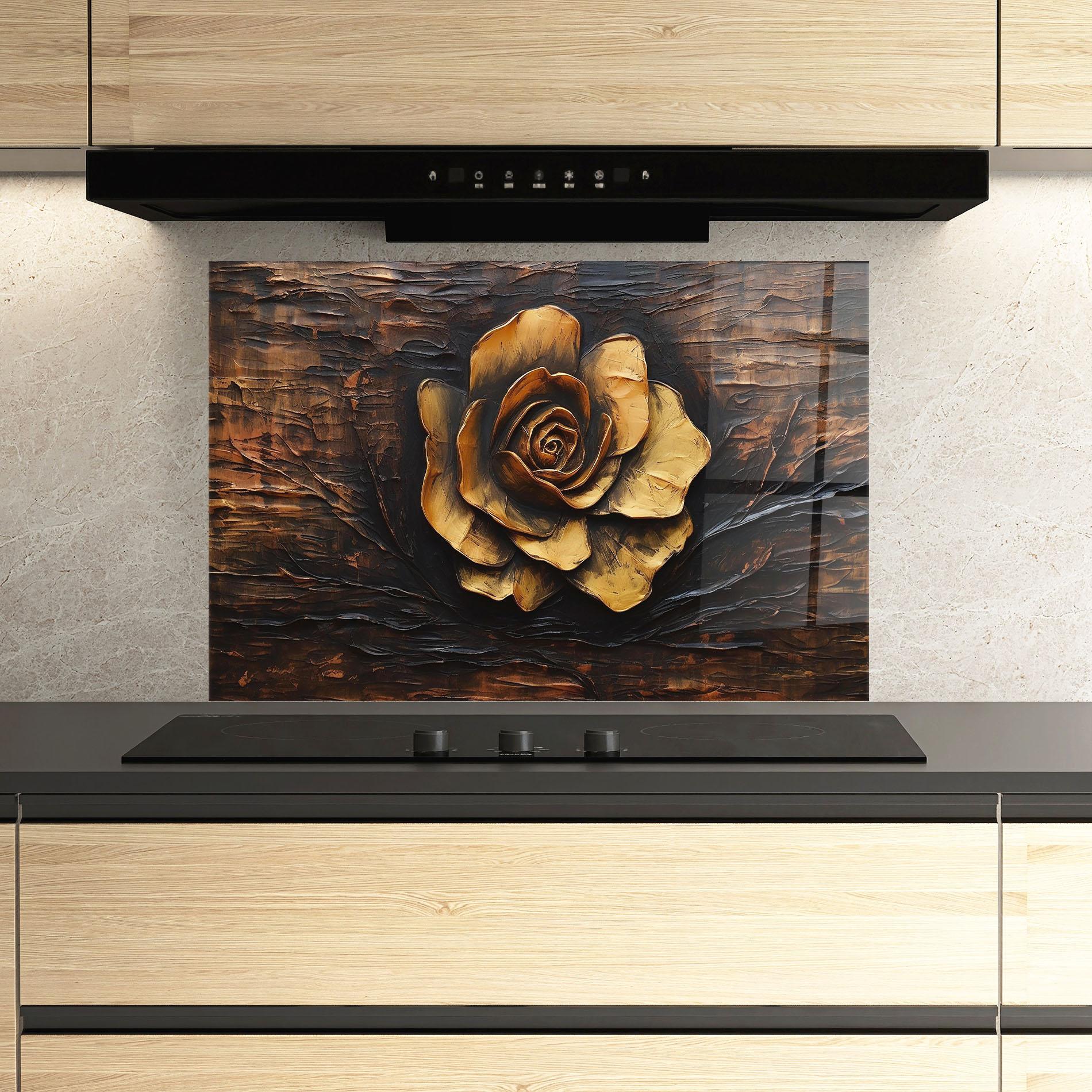 Стъклен панел за кухня Gold Rose On Wood mockup 3