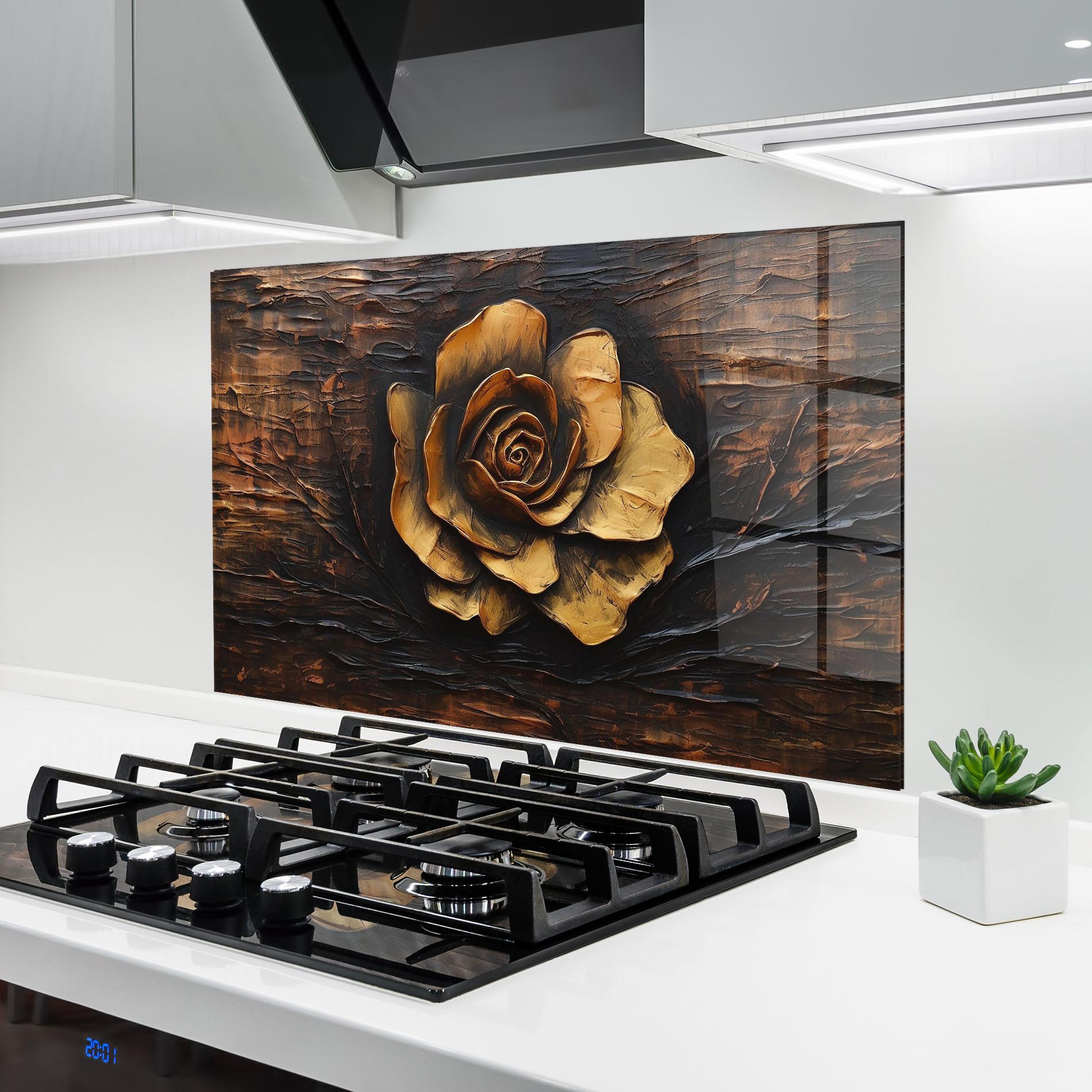 Стъклен панел за кухня Gold Rose On Wood mockup 6