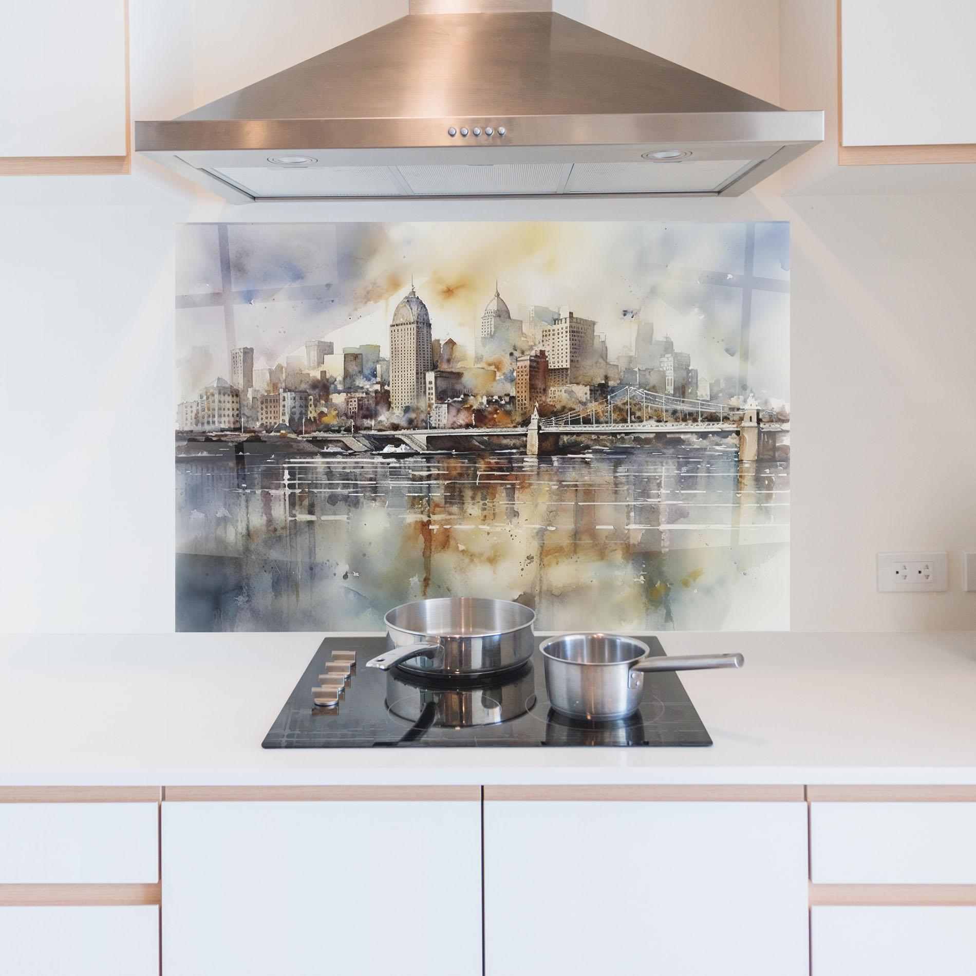 Стъклен панел за кухня Watercolor Skyline mockup 5