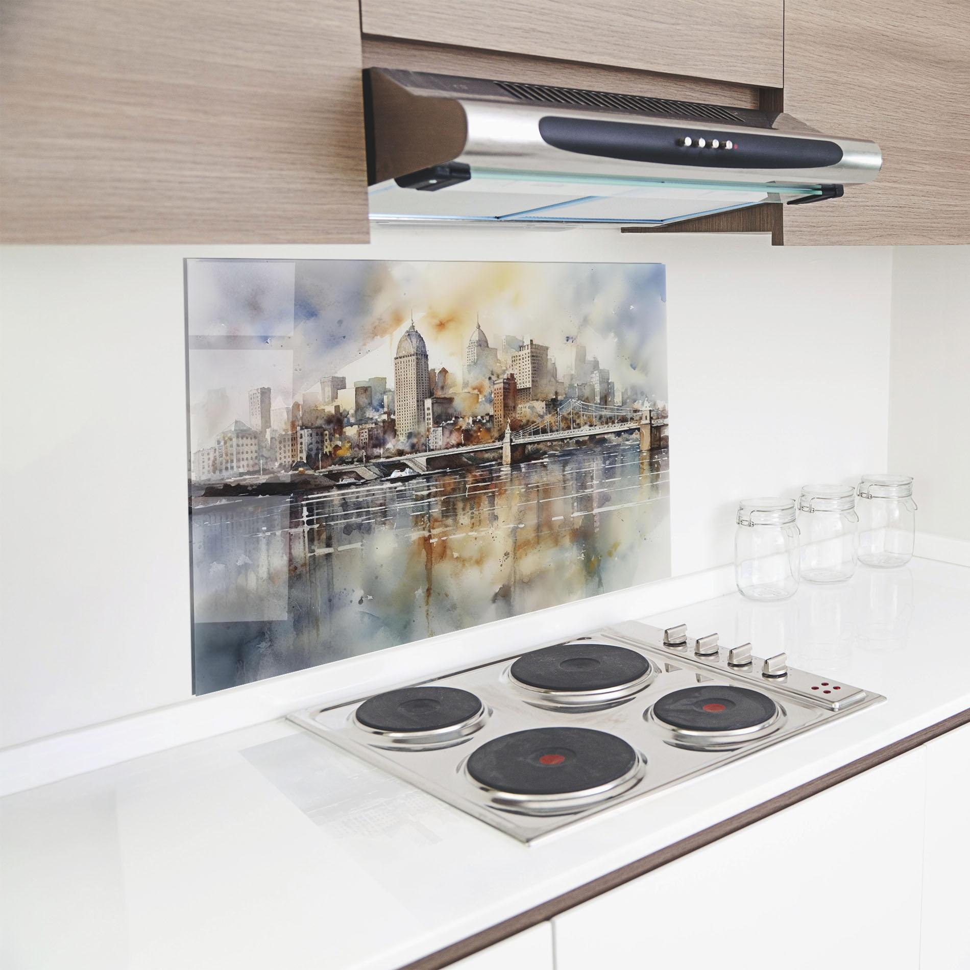 Стъклен панел за кухня Watercolor Skyline mockup 8