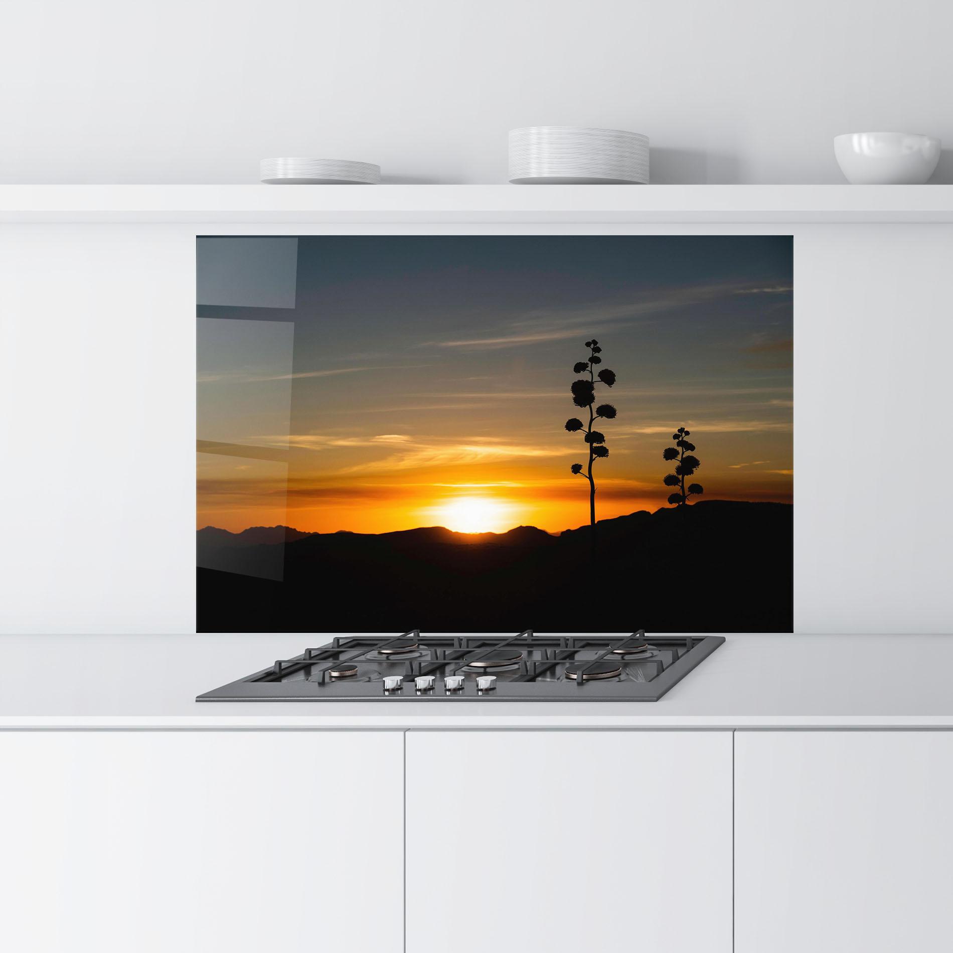 Стъклен панел за кухня Leaves Shilouette Sunset mockup 9