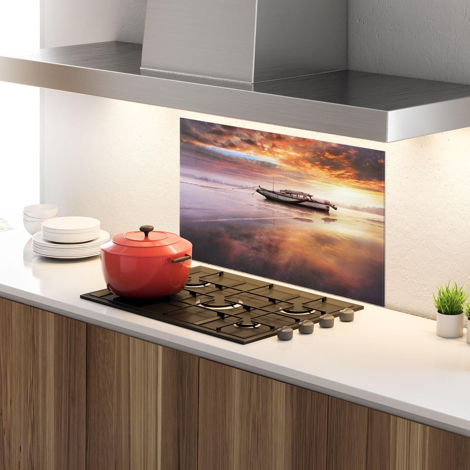 Стъклен панел за кухня Beauty Boat Sunrise mockup 4