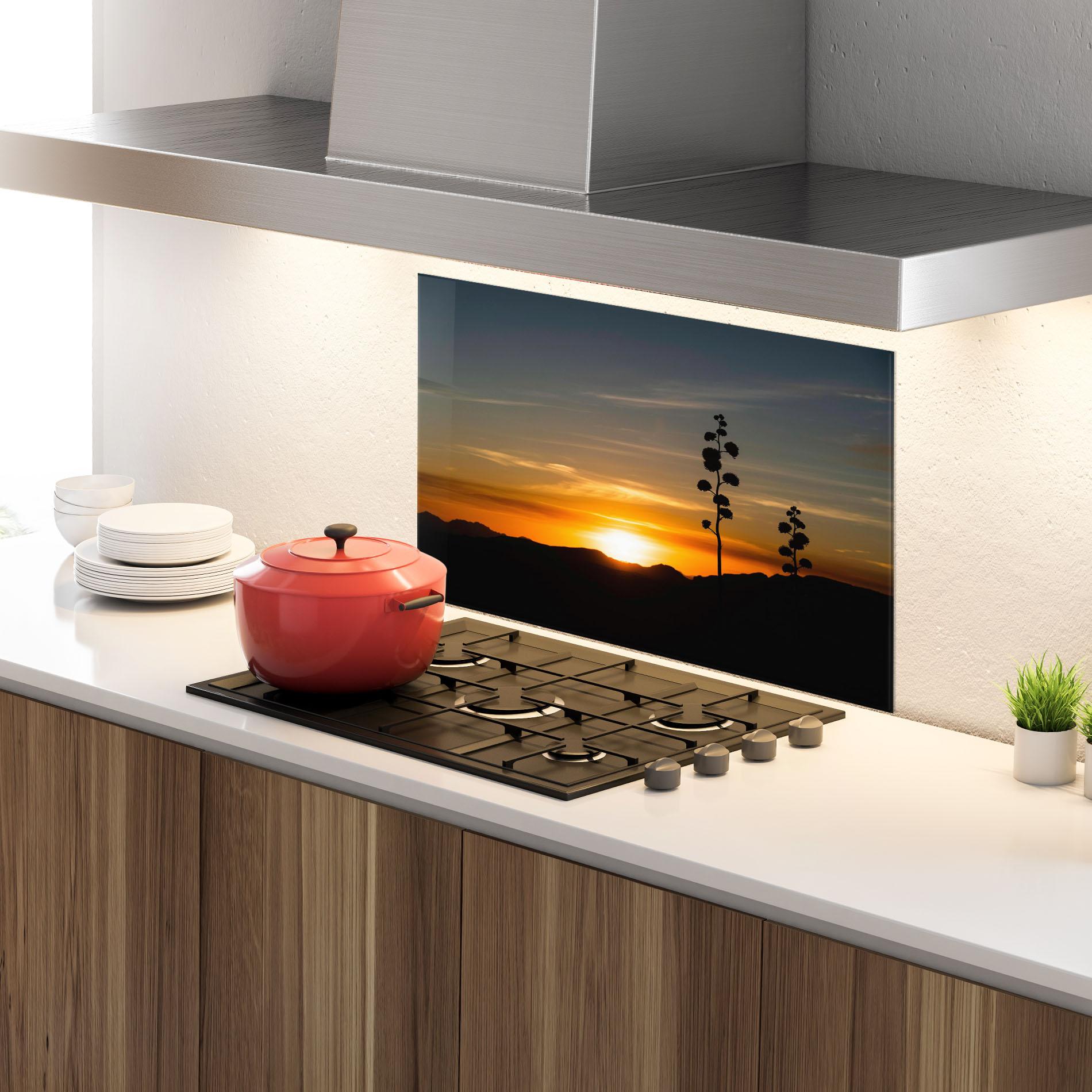 Стъклен панел за кухня Leaves Shilouette Sunset mockup 4