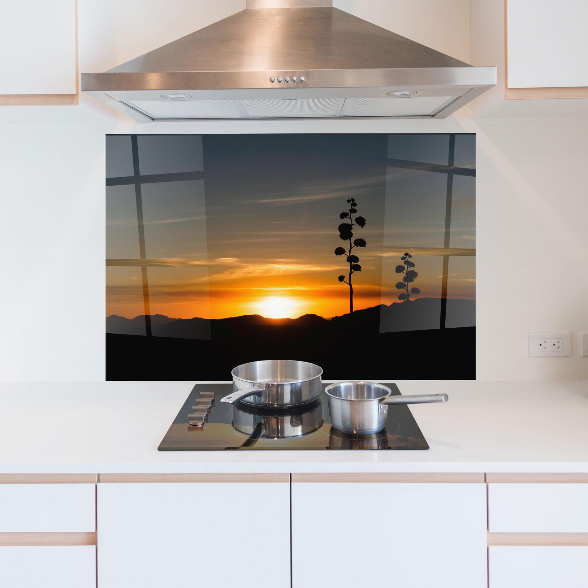 Стъклен панел за кухня Leaves Shilouette Sunset mockup 5