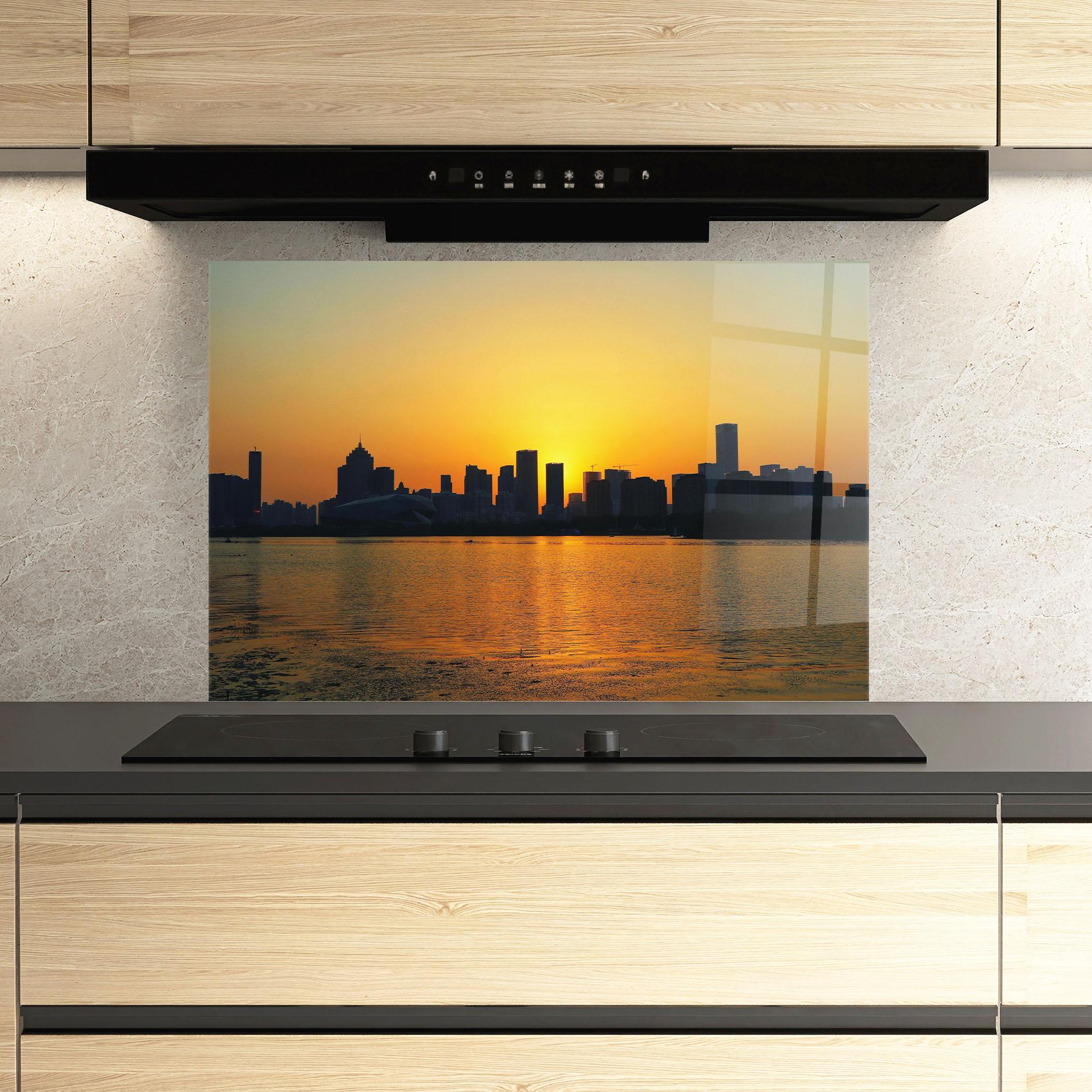 Стъклен панел за кухня City Building Sunset mockup 3