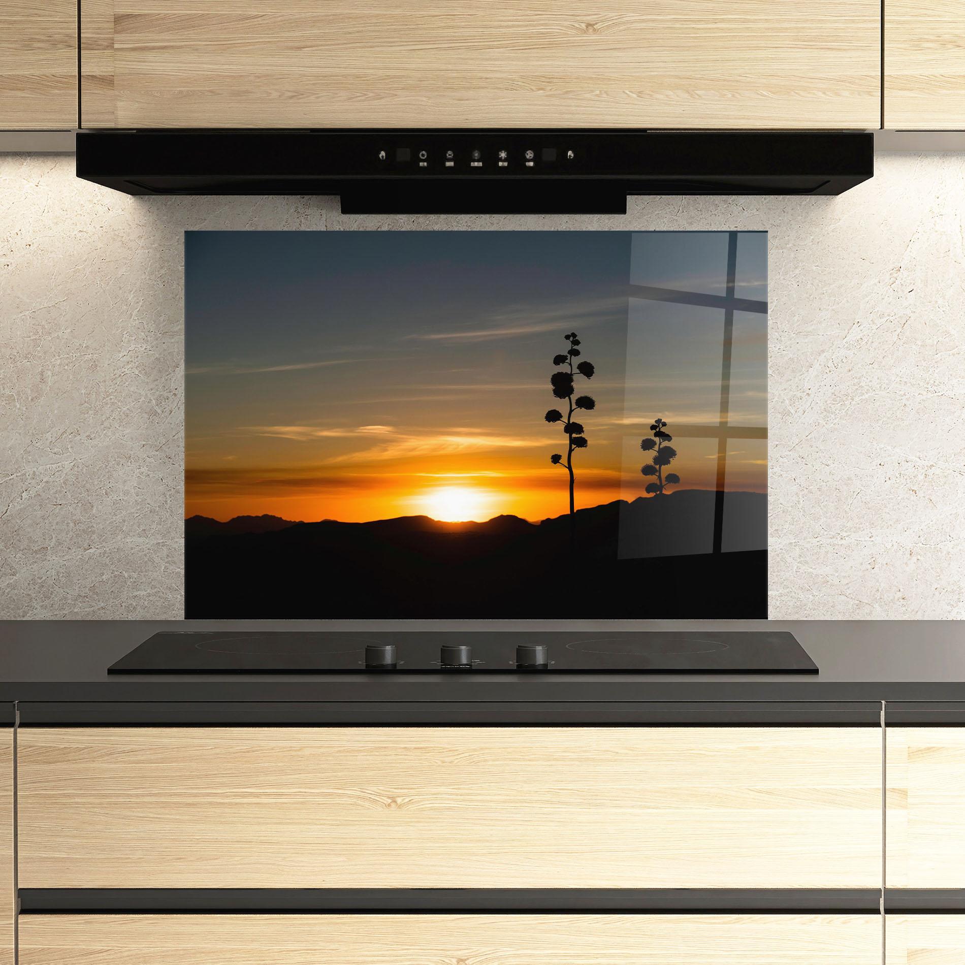 Стъклен панел за кухня Leaves Shilouette Sunset mockup 3