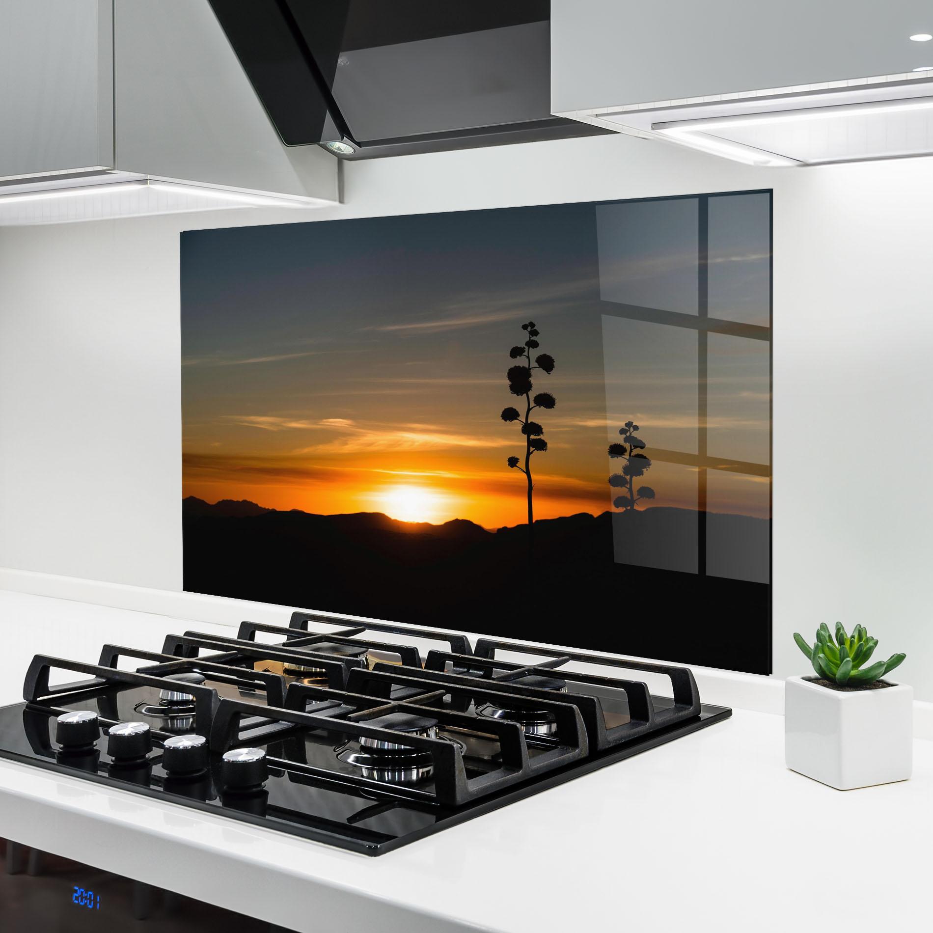 Стъклен панел за кухня Leaves Shilouette Sunset mockup 6