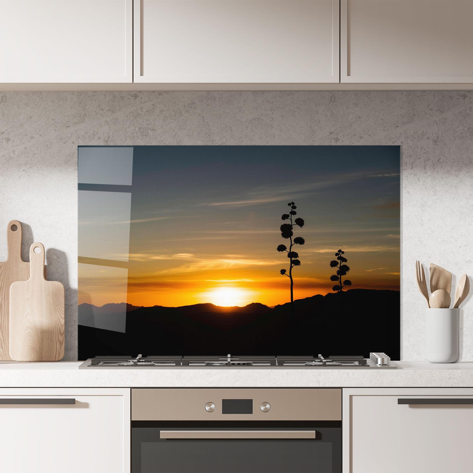 Стъклен панел за кухня Leaves Shilouette Sunset mockup 7