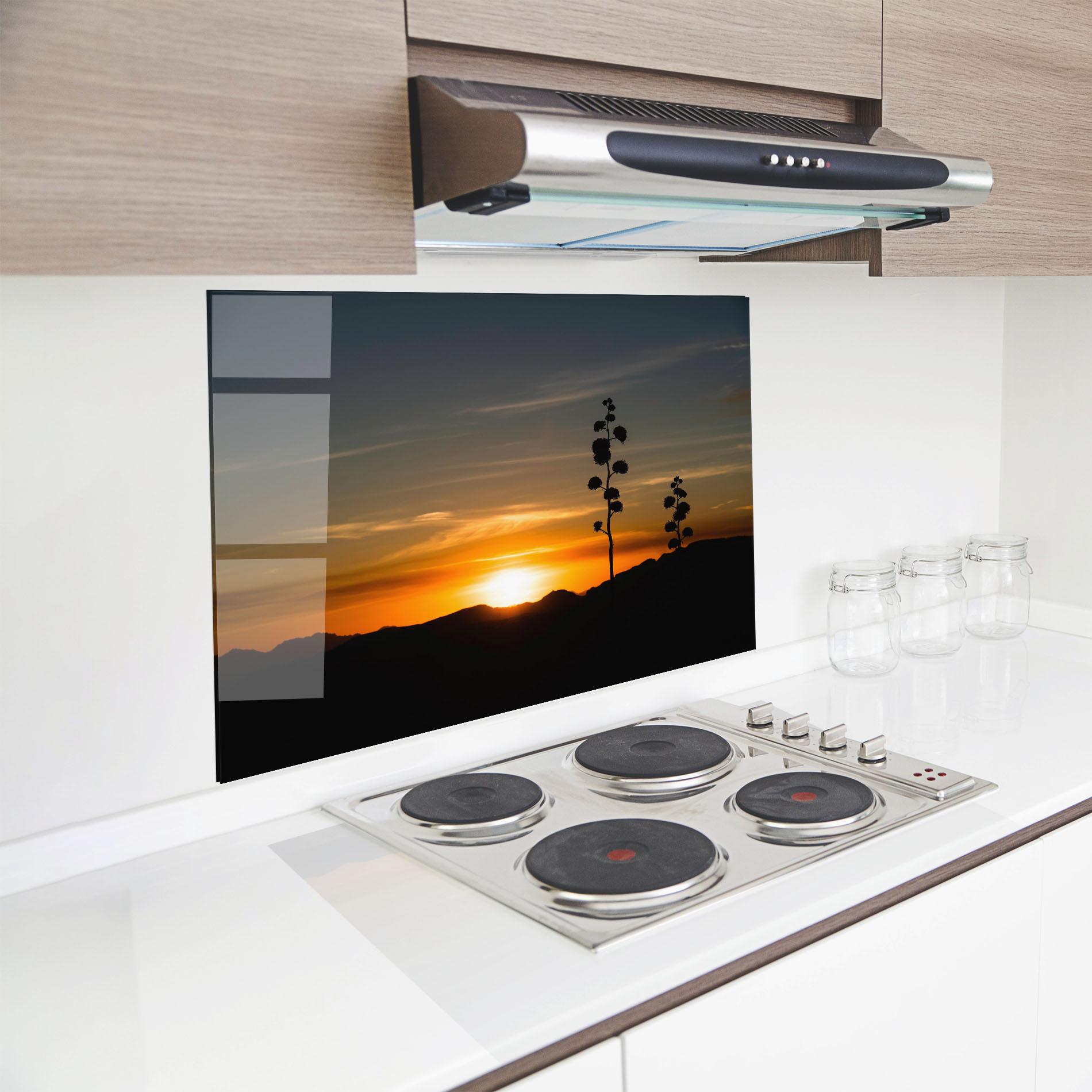 Стъклен панел за кухня Leaves Shilouette Sunset mockup 8
