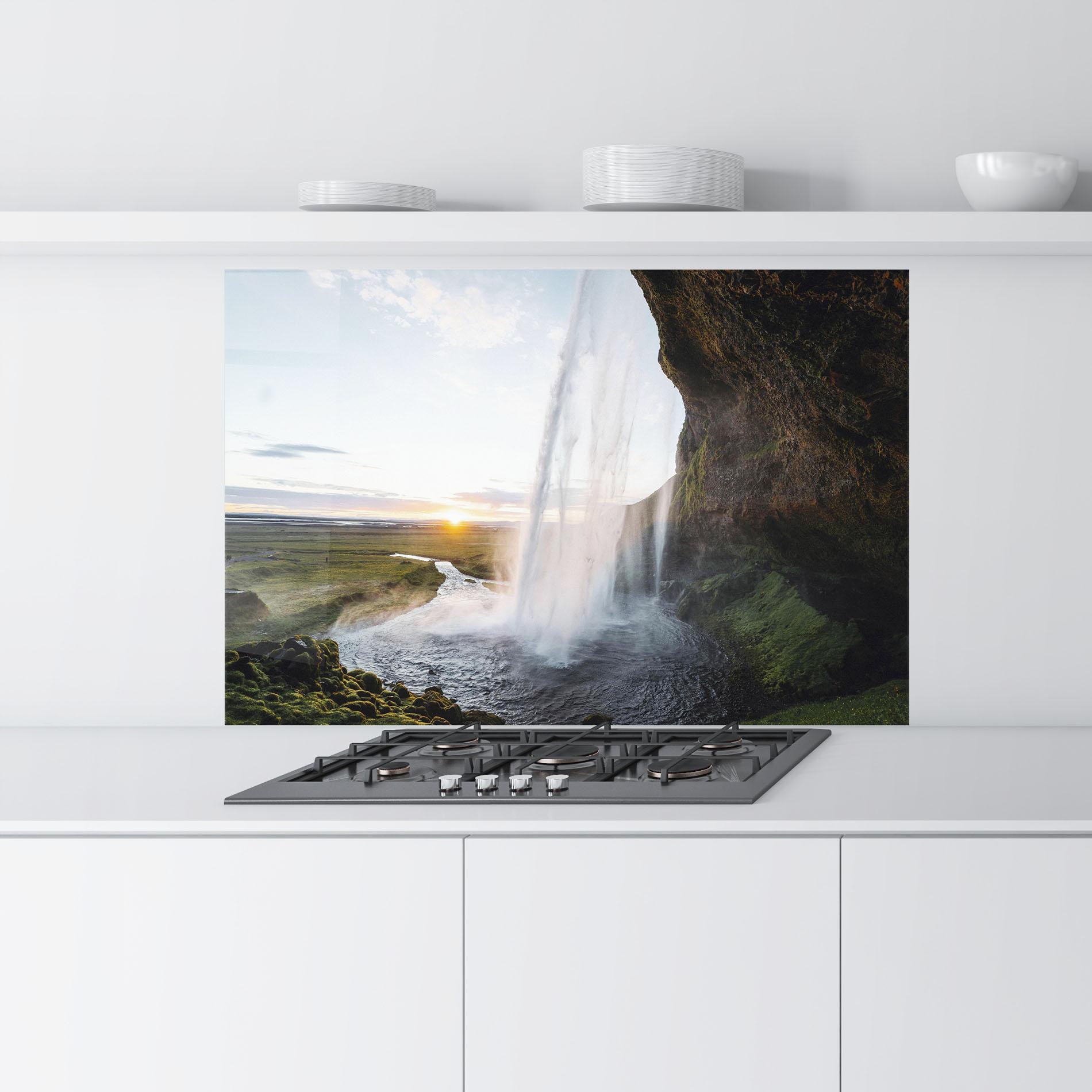 Стъклен панел за кухня Sunrise Waterfall mockup 9