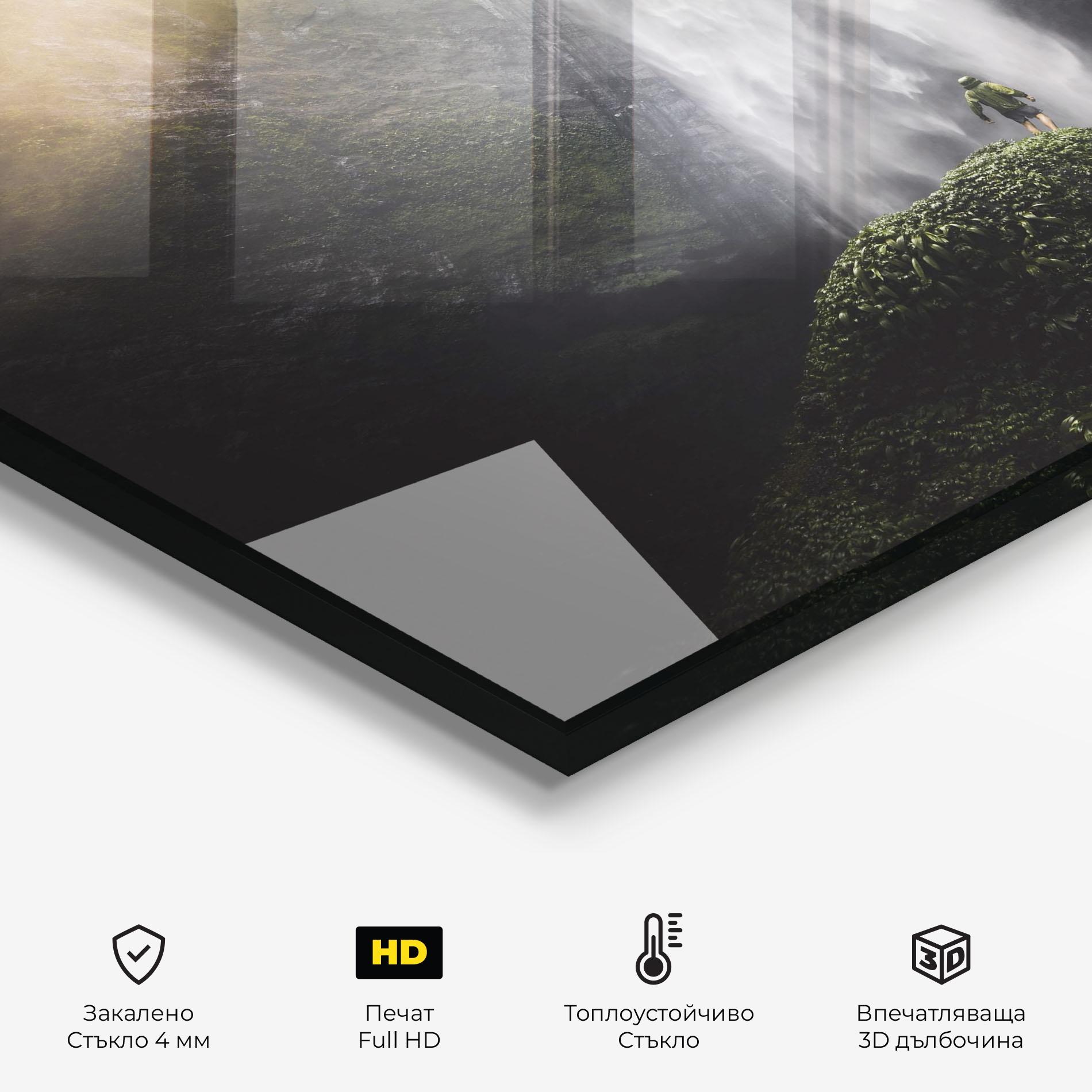 Стъклен панел за кухня Green Man Waterfall mockup 2